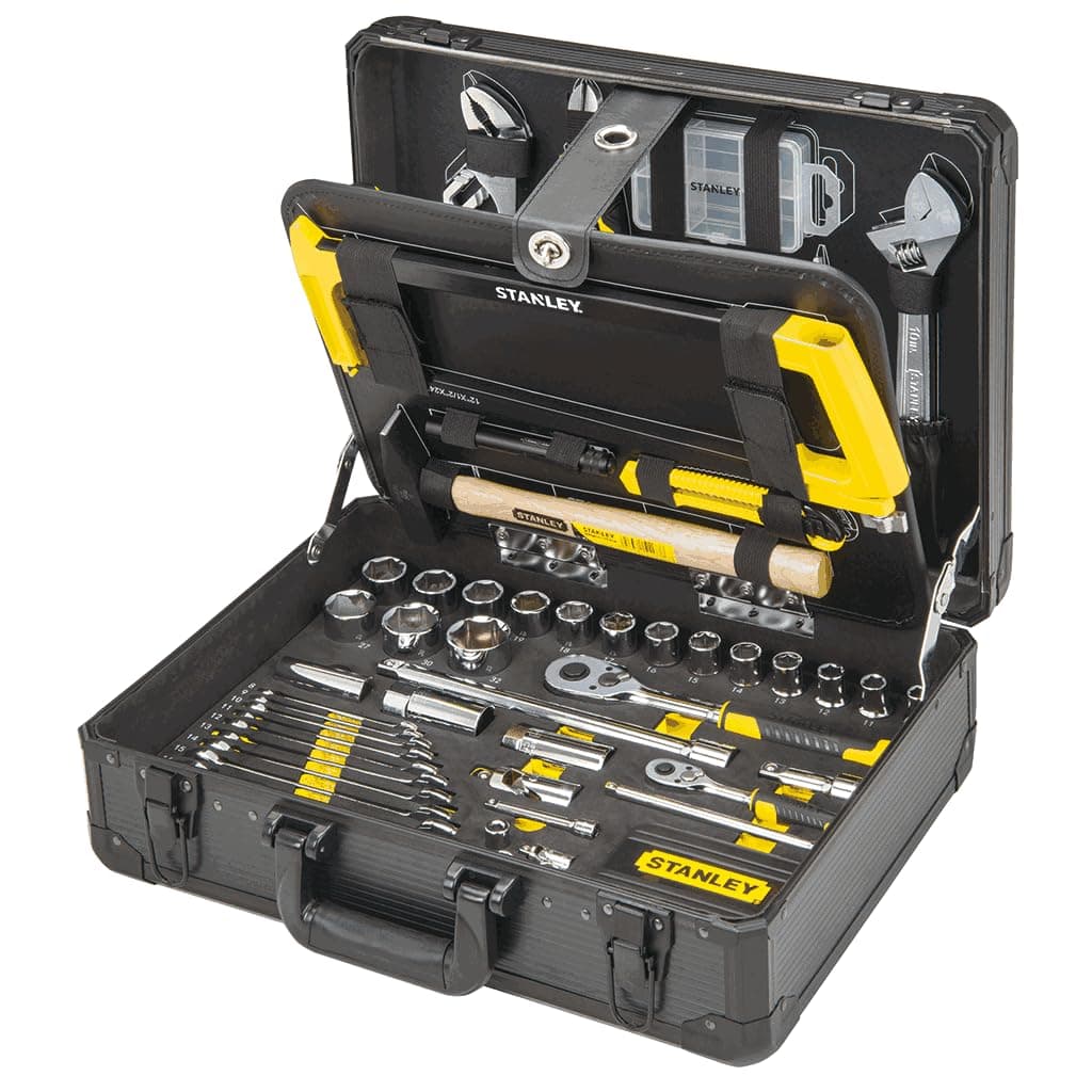 STANLEY 142 Piece Mixed Tool Set Maintenance Case, Pliers and Cutters, Adjustable Wrench, Level, Measure, Screwdriver, Hacksaw, Cutter, Hammer, Tightening and Screwing, STMT98109-1