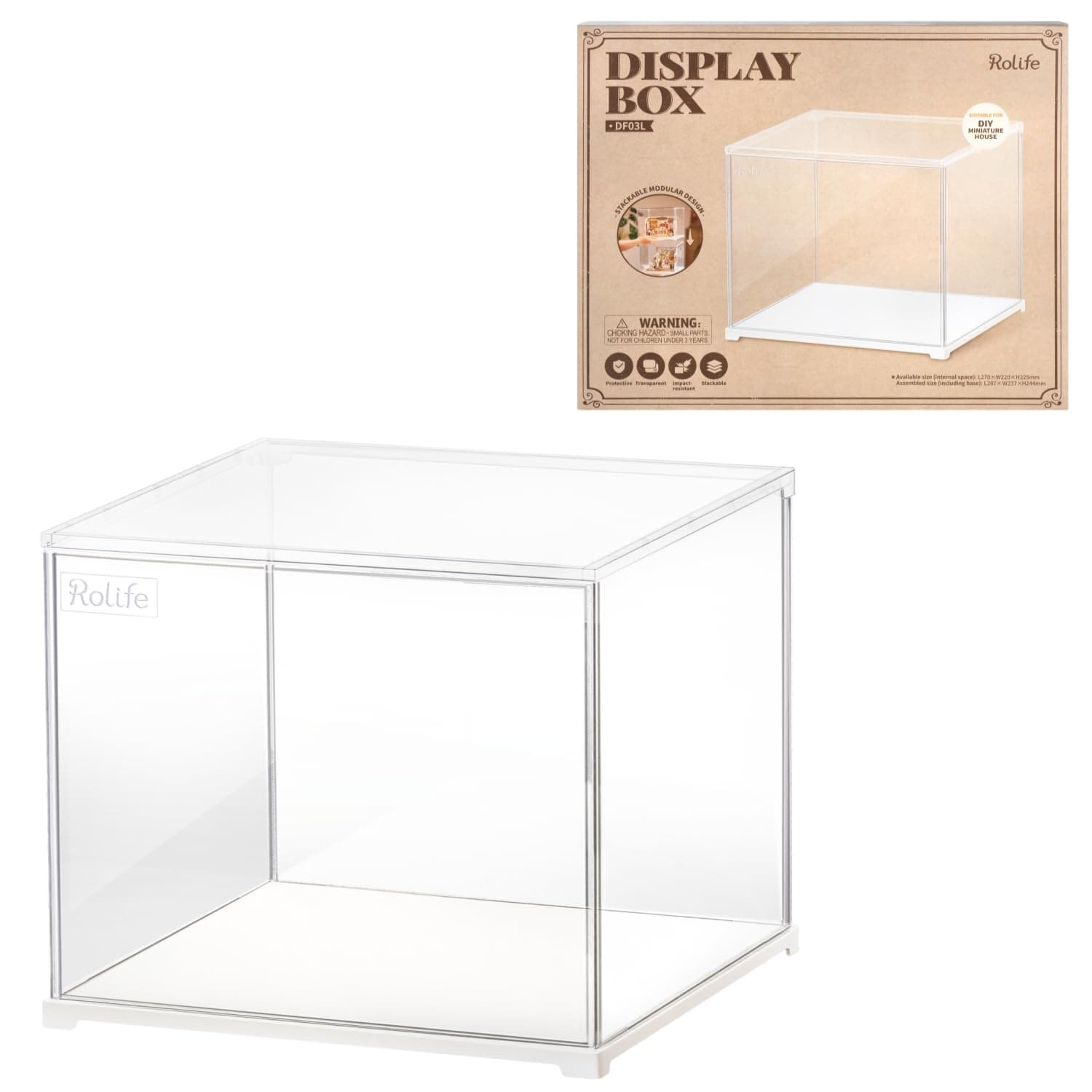 Rolife Acrylic Display Case Dust Cover for Collectibles, Stackable Showcase Dustproof Protection with White Base with Door for Shoes,Books,Toys,Collectibles Memorabilia Figurines(11.3''x9.6''x9.3'')