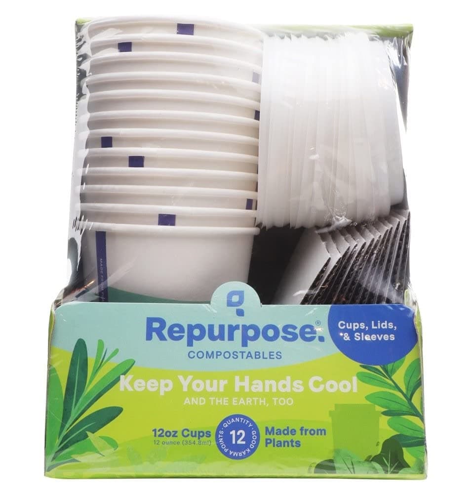 Repurpose 100% Compostable Plant Based Insulated Hot Cup, Sleeve, and Lid Set | 12 Ounce | 12 Cups