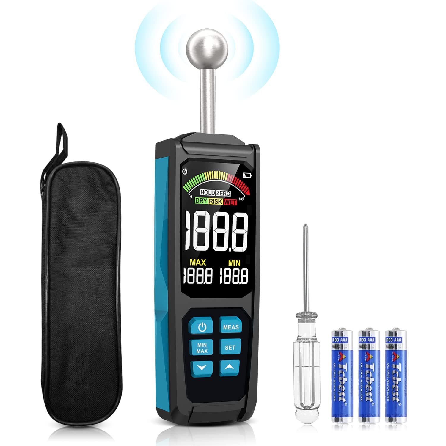 DURFICST Moisture Meter, 3 Inch HD Colour Large Screen Moisture Meter with Fabric Bag, 20-40 mm Depth Analysis Moisture Meter, for All Building Materials, Wood, Wall, Plaster, Masonry