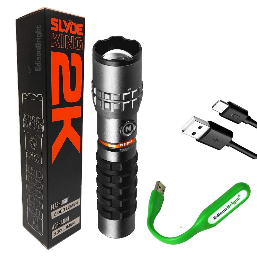 NEBO Slyde King 2K 2000 Lumen Flashlight / 500 Lumen worklight 2-in-1 Rechargeable high Power LED Flashlight WLT-1003 USB Powered LED Reading Light Bundle