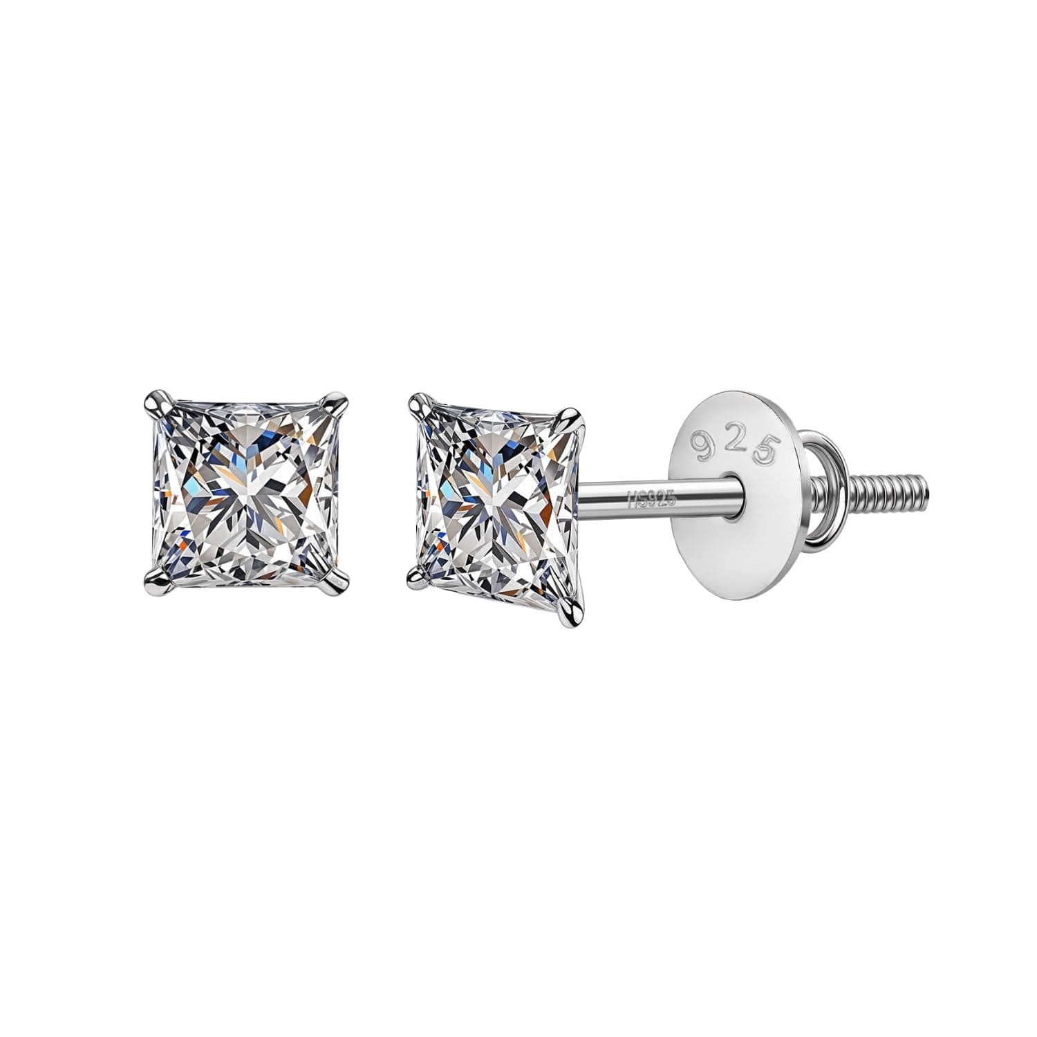 - 925 Silver Solitaire Screwback Stud Earrings | 92.5 Sterling Silver & Square Princess Cut Brilliant Zirconia Tops for Men, Women, Boys and Girls