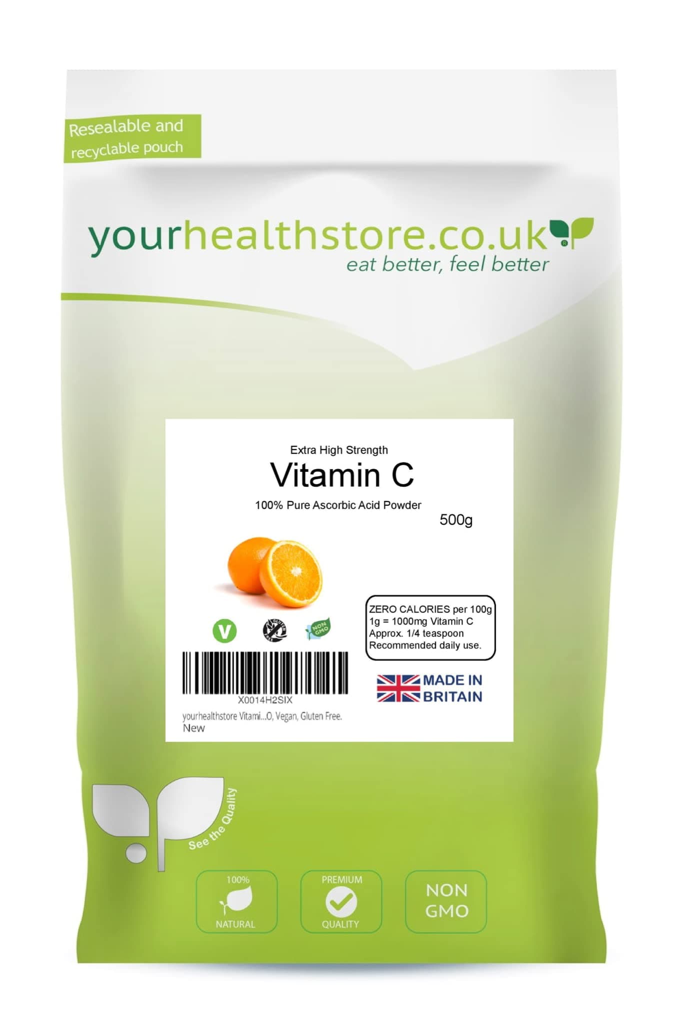 Vitamin C Powder 500g, Extra High Strength Ascorbic Acid – 100% Pure British Pharmaceutical Grade – Non-GMO, Vegan, Gluten Free.