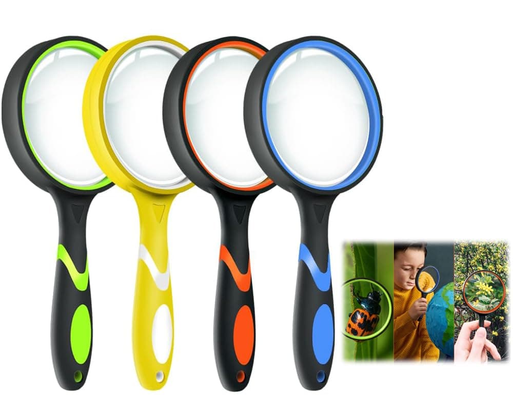 4 Pack Handheld Magnifying Glass, 10X Non-Slip Rubber Handle Shatterproof Reading Magnifier for Kids and Seniors, 75mm Magnifying Glass Lens for Classroom Science and Nature Exploration