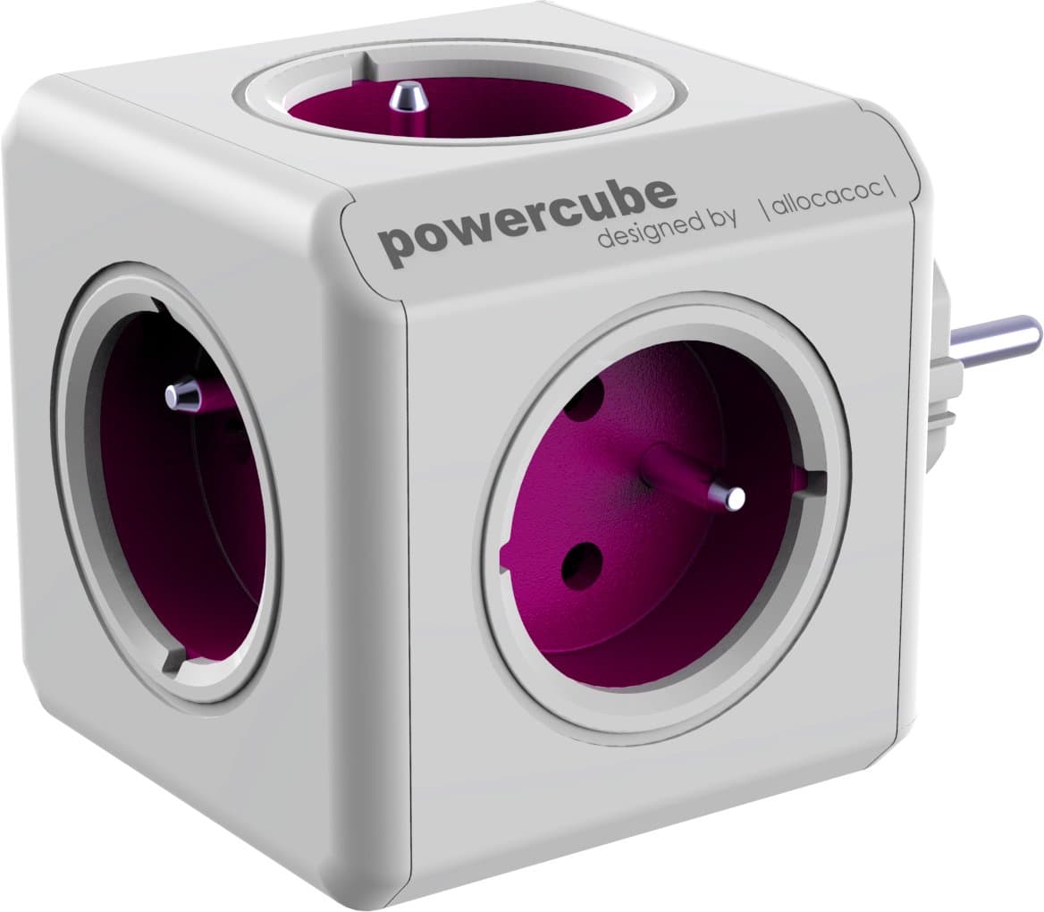 Allocacoc PowerCube ReWirable Travel Plugs – Multiple Travel Socket with International Adapters, 5 Plugs 230V FR in Cube Shape (White and Purple)