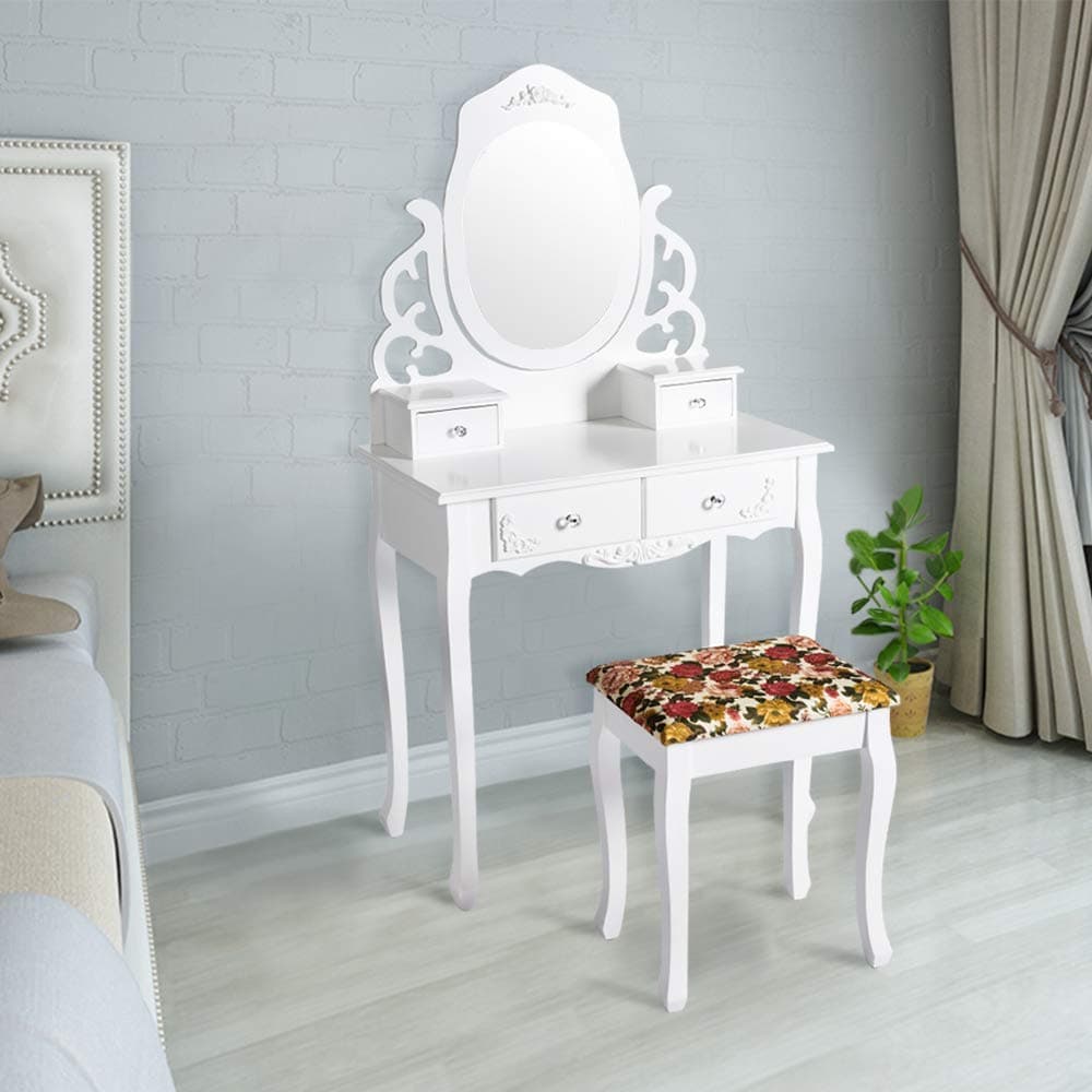 Kinsuite Vanity Makeup Table Set with 4 Sliding Drawers and Oval Spinning Mirror Make-Up Dressing Table with Cushioned Stool Gift for Mom Women Girls, White