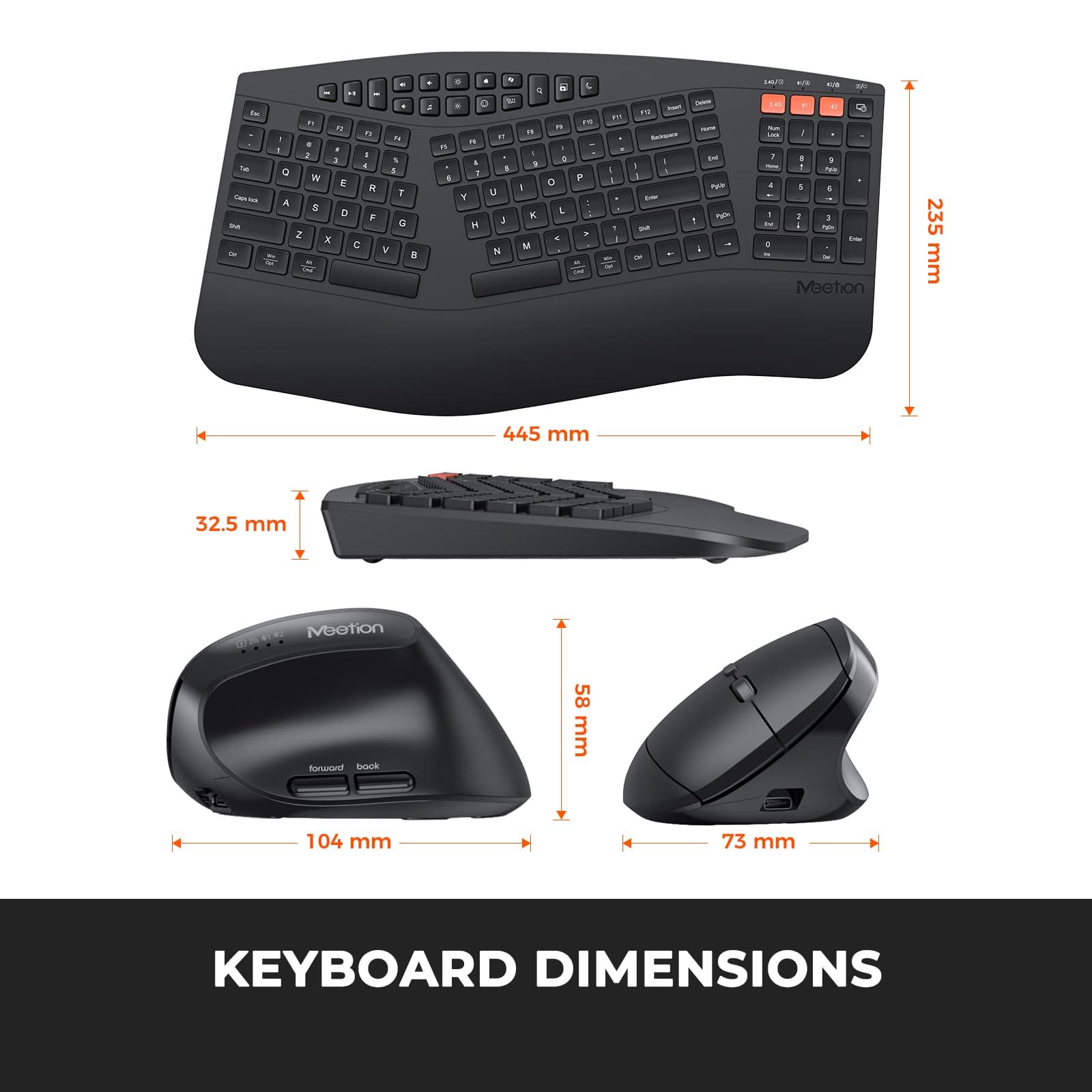 MEETION 2024 Upgrade Ergonomic Keyboard and Mouse, Multi-Device Bluetooth Keyboard and Mouse, 3 DPI Adjustable Full-Sized Wireless Keyboard and Mouse, for PC/Computer/Laptop/Window, Black
