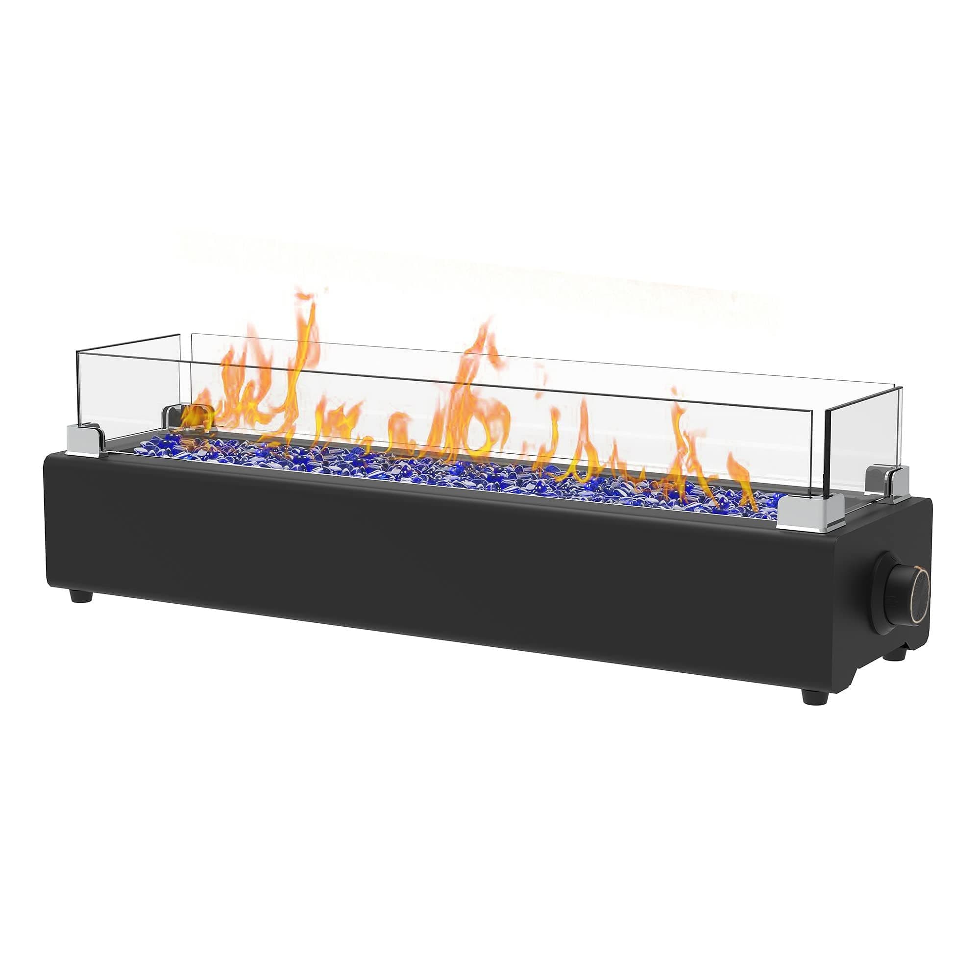28-inch Table Top Propane Fire Pit, 40,000 BTU Tabletop Firepit for Patio, Outdoor Portable Rectangular Fire Bowl w/Wind Glass Shield, Glass Rocks - Black