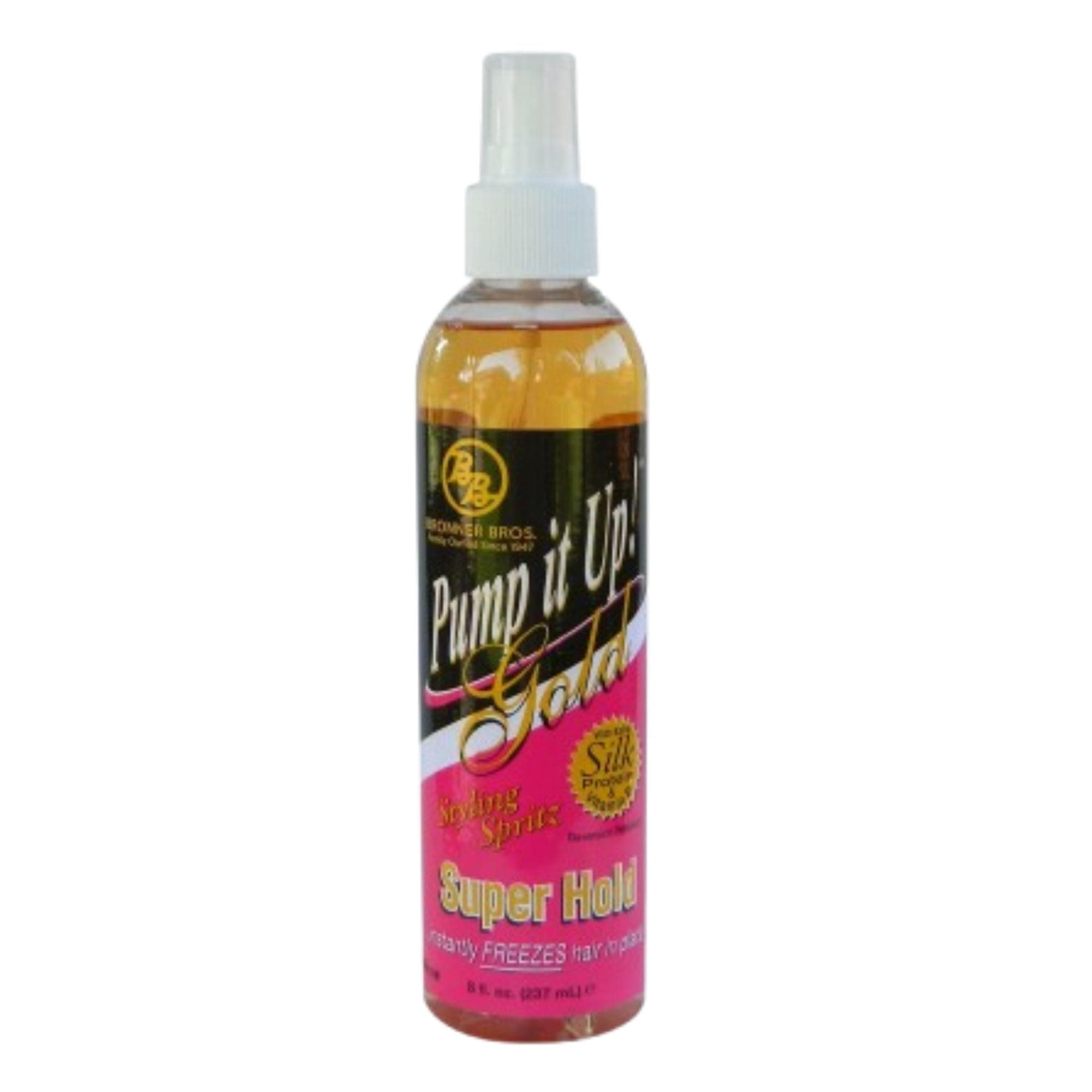 - Bronner Bros Pump It Up Styling Spritz Gold 80% – Fast-Dry Hair Spray Extra Hold with Vitamin B5 & Silk Protein - Maximum Hold Finishing Spritz Hairspray, Adds Shine, Nourishes, No Build-up - 8oz