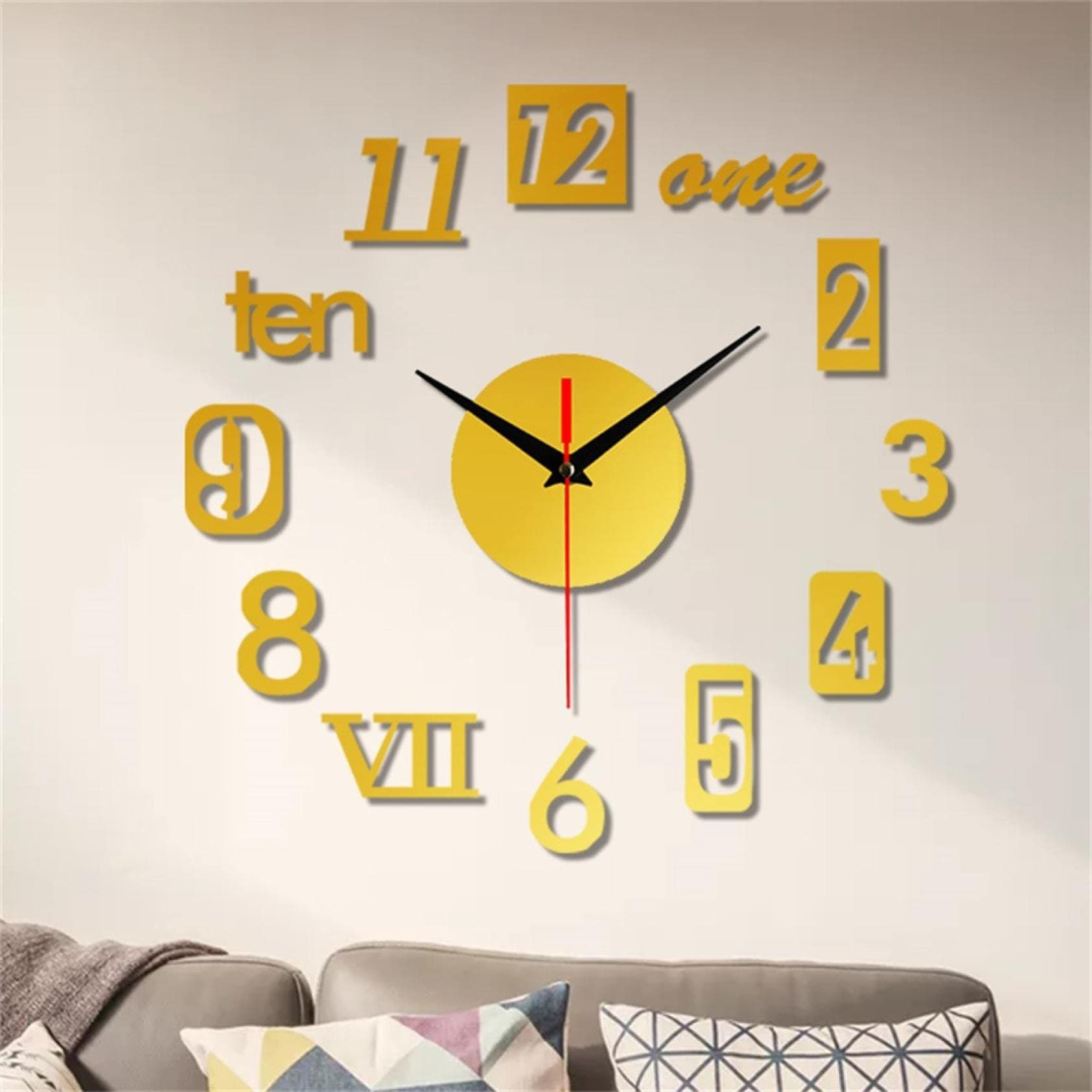 Frameless DIY 3D Wall Clock - Large for Living Room, Kitchen, Bedroom, Office - Acrylic Digital Modern Stick-On Clock Home Decor (YA-Gold)