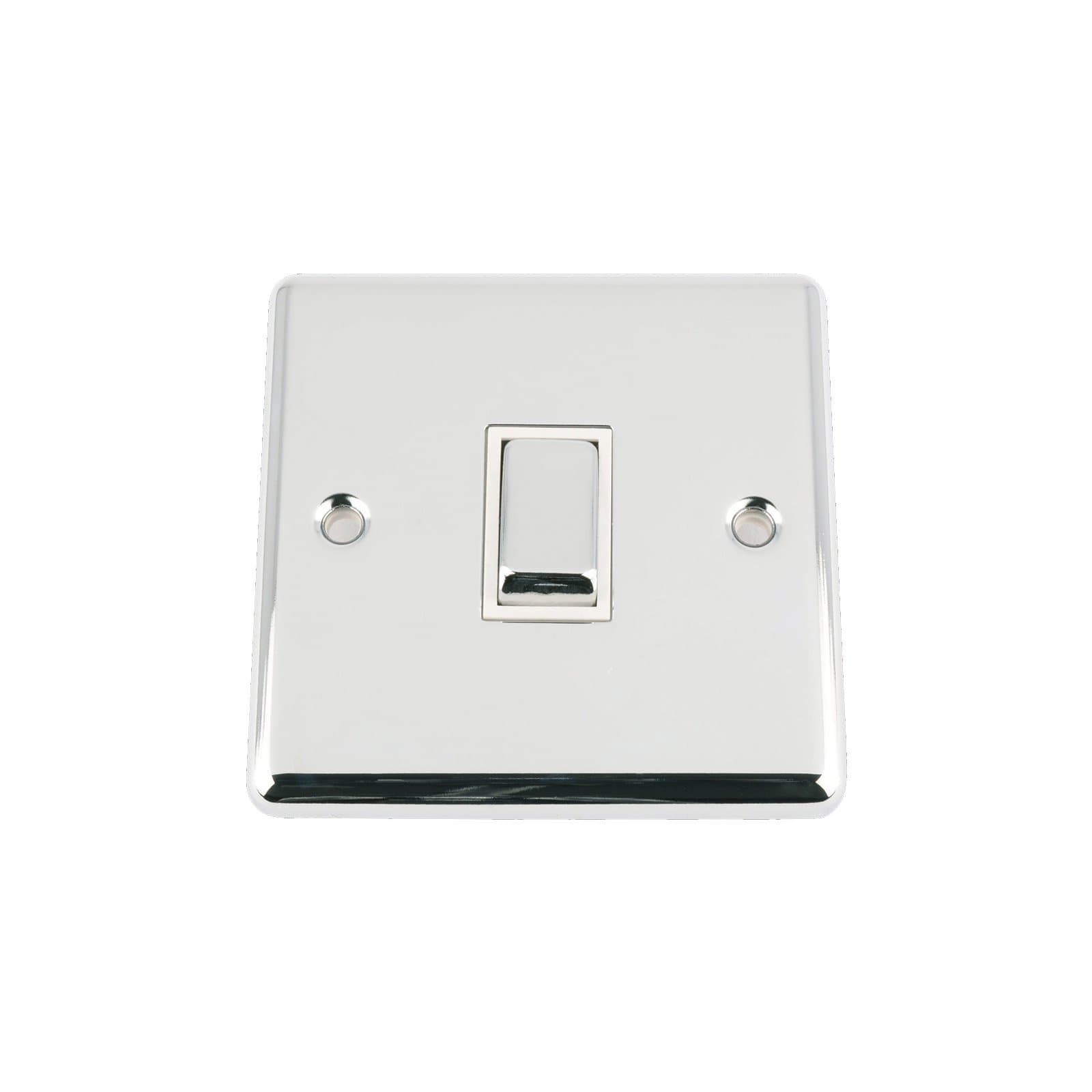 A5 Light Switch Single 1 Gang Polished Chrome Classic - White Insert - Metal Rocker Switches - 10A 1 Gang 2 Way