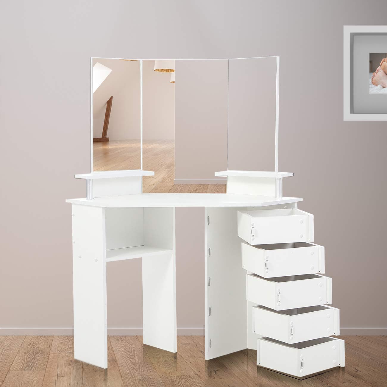 Makika Corner Dressing Table Mirror Set Wooden Vanity 5 Adjustable Drawers Makeup Dresser Furniture White Bedroom Desk Oval Mirror - TYRA