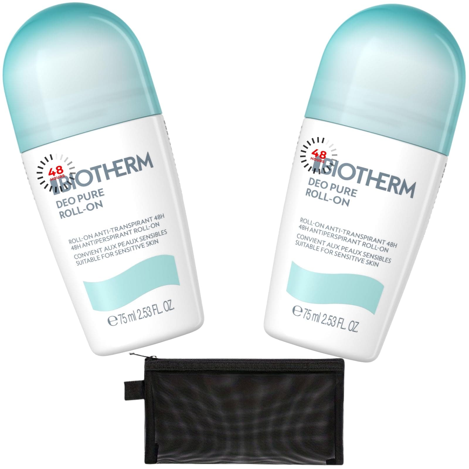 Generic Roll On Deodorant Womens Bundle Deo Pure Antiperspirant 75ml Pack of 2, Alcohol-free, Paraben-free, Travel Friendly with Black Mesh Cosmetic Bag