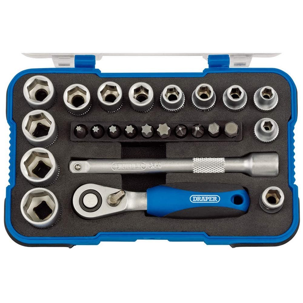 1/4" 25 Piece Square Drive Metric Socket Set | Micrometre Reversible Hand Tool |Soft Grip Ratchet | 12 Metrics Sockets Mechanics Car Tools | Plastic Storage Case | Hex Bit Adaptor | 16354