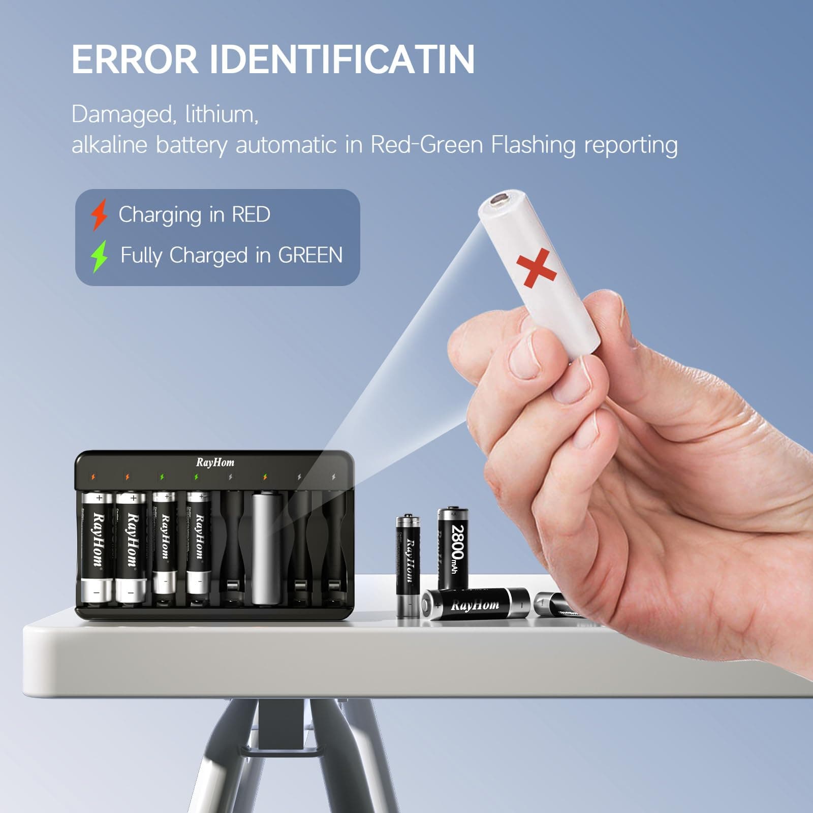 AA AAA Battery Charger 2-Pack - 8 Bay Smart Individual Charger for Ni-MH Ni-CD Rechargeable Batteries