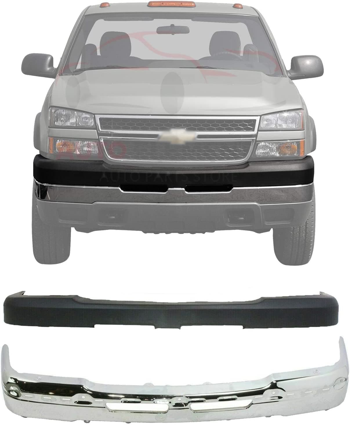 New Front Bumper Face Bar Chrome + Upper Cover Textured For 2003-2006 Chevrolet Silverado 2500HD 3500 Direct Replacement 15139804 19150310