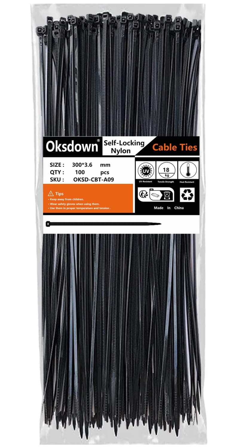 100 Pack Black Plastic Cable Ties 300mm×3.6mm Heavy Duty Strong Nylon Premium Self Locking 12 inch/30 cm Long Zip Tie Wraps