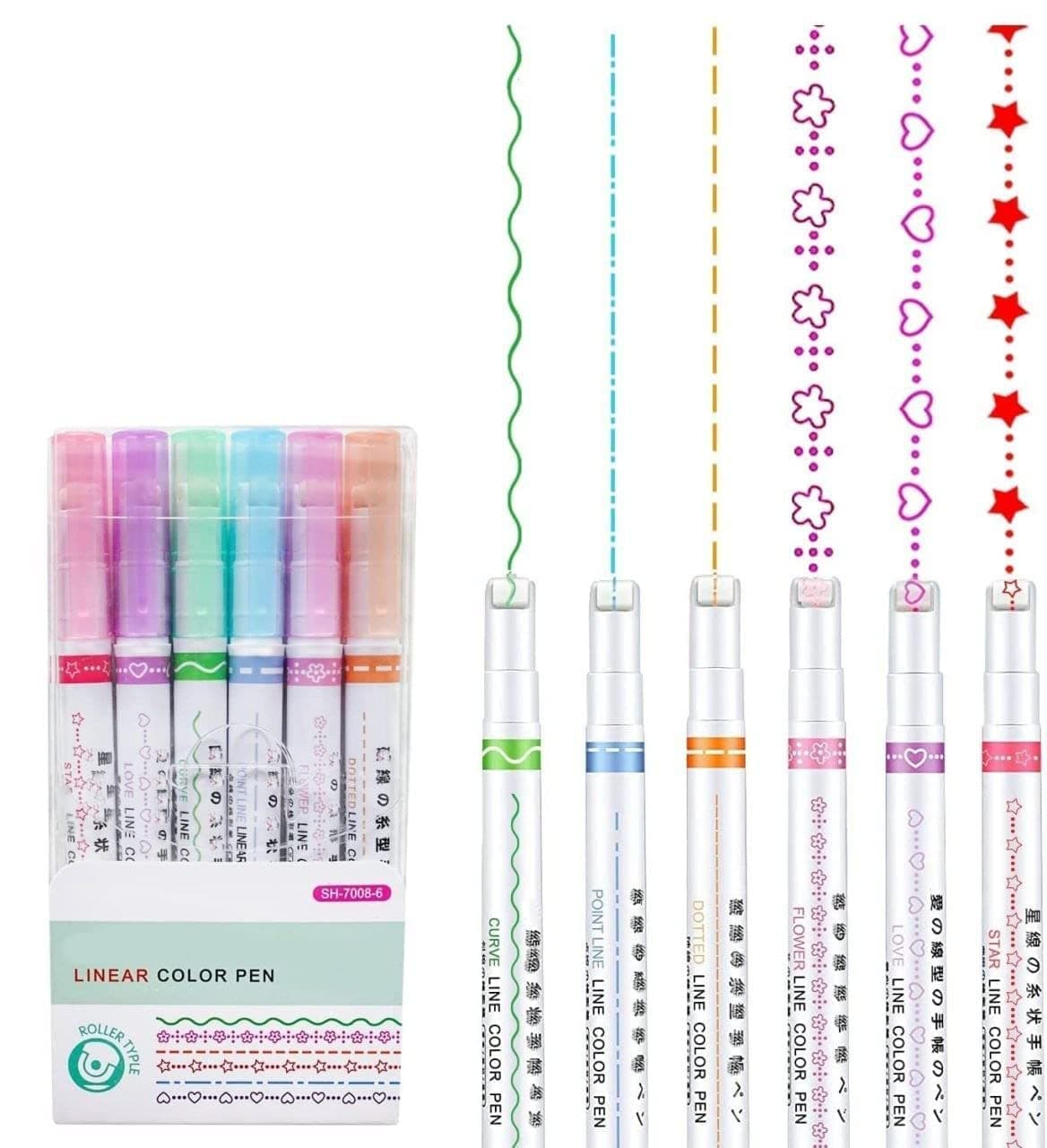 NNS Durable Multi Design Line Outline Border Linear Roller Highlighter Pens Set Ideal for Coloring & Sketching Kids, Boys and Girls (Random Colours, Pack of 6 Piece)