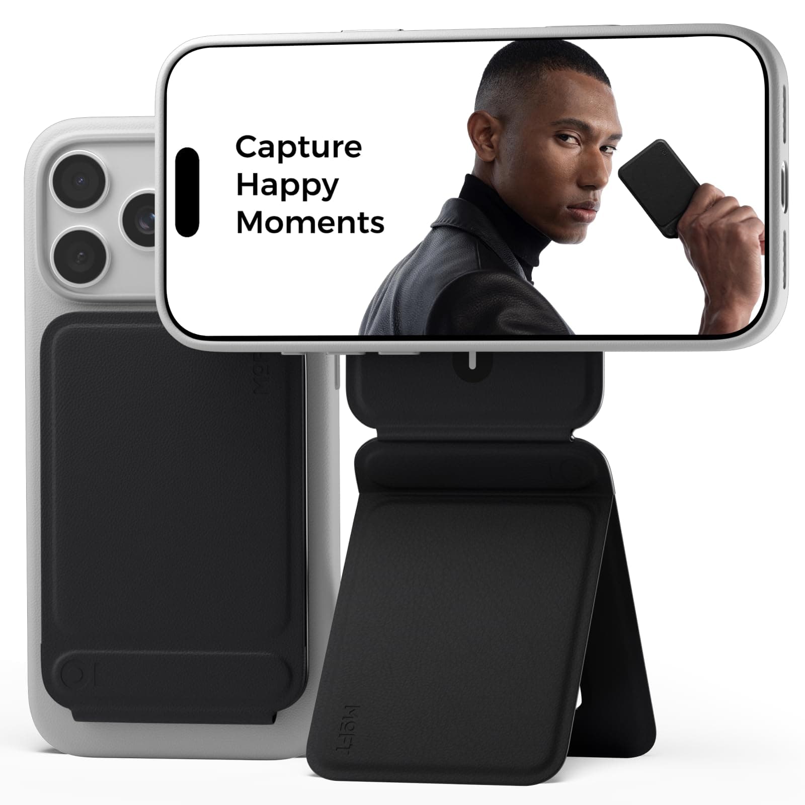 Phone Tripod Stand Selfie Stick for iPhone, Multi-Angles iPhone Stand, Lightweight & Portable Phone Holder, Strong Magnets, MOVAS Vegan Leather, Travel Essentials, Jet Black (Without Card Slot)