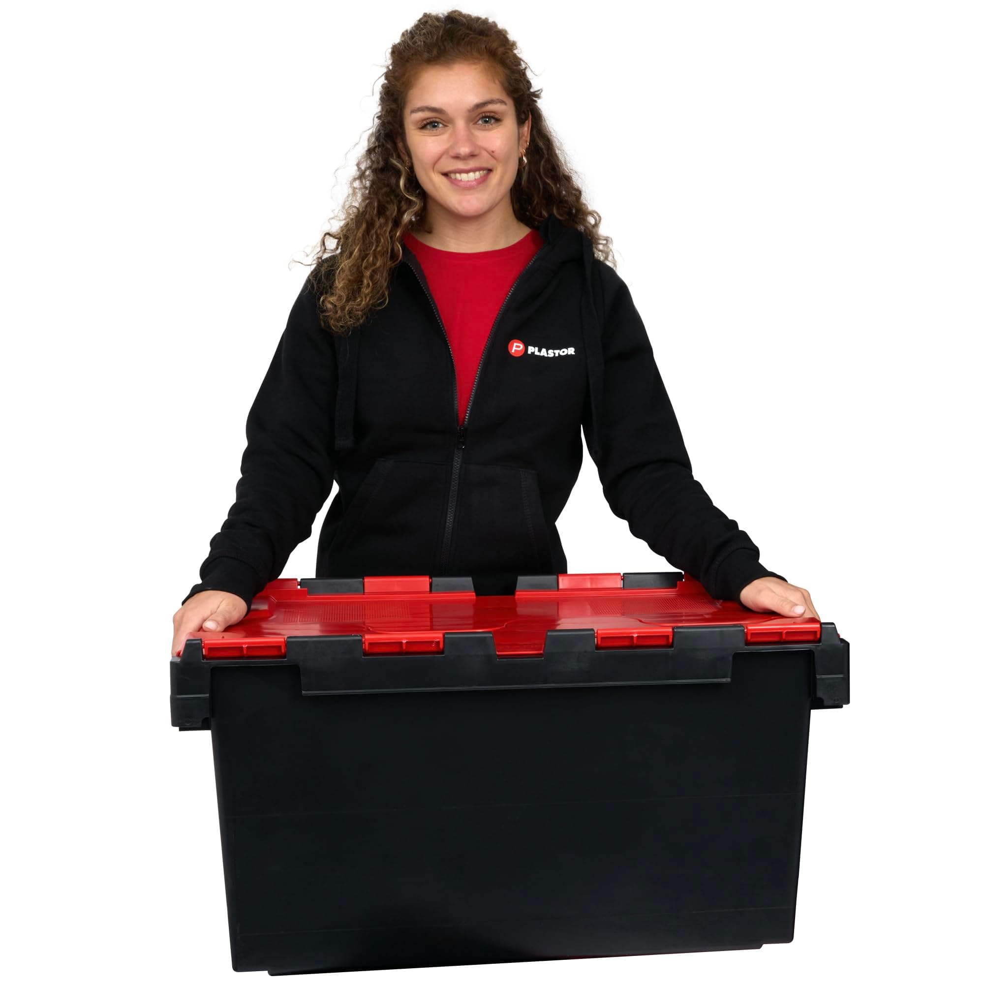 Plastor Large Plastic 80 Litre Heavy Duty Storage Boxes (71 x 46 x 36.8cm) Black and Red LC3 Crates with Attached Hinged Lids (x1)