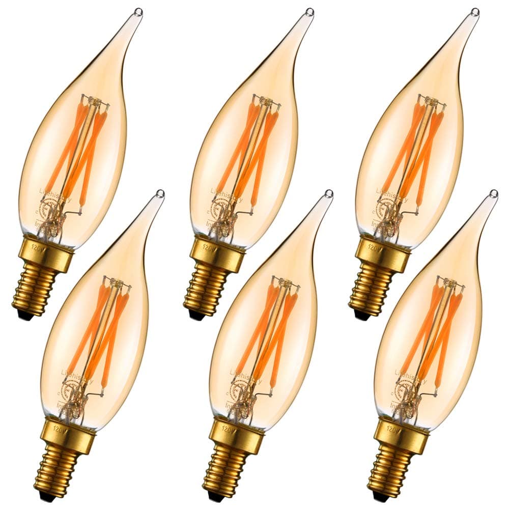 Dimmable 4W 2200K Amber CA10 led Bulb E12 Candelabra led 250lm, Warm White, 40W Flame tip 6Pack