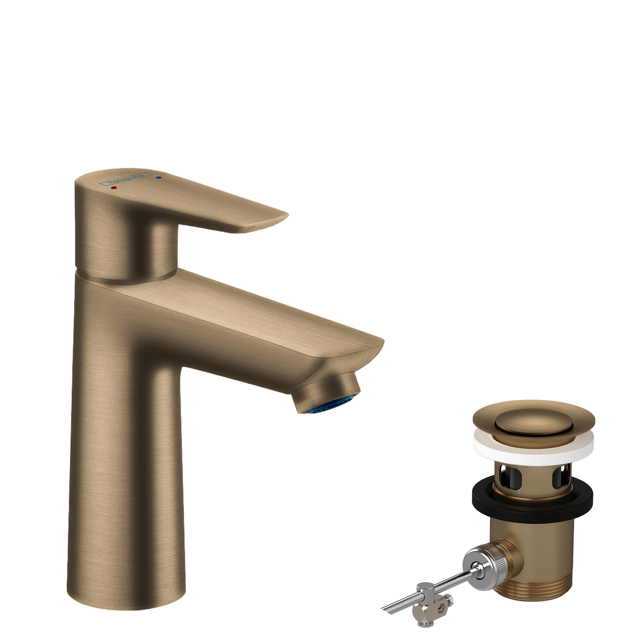 Talis E - bathroom tap with pop-up waste set, bathroom sink tap with spout height 104 mm, basin mixer tap water-saving (EcoSmart), brushed bronze, 71710140