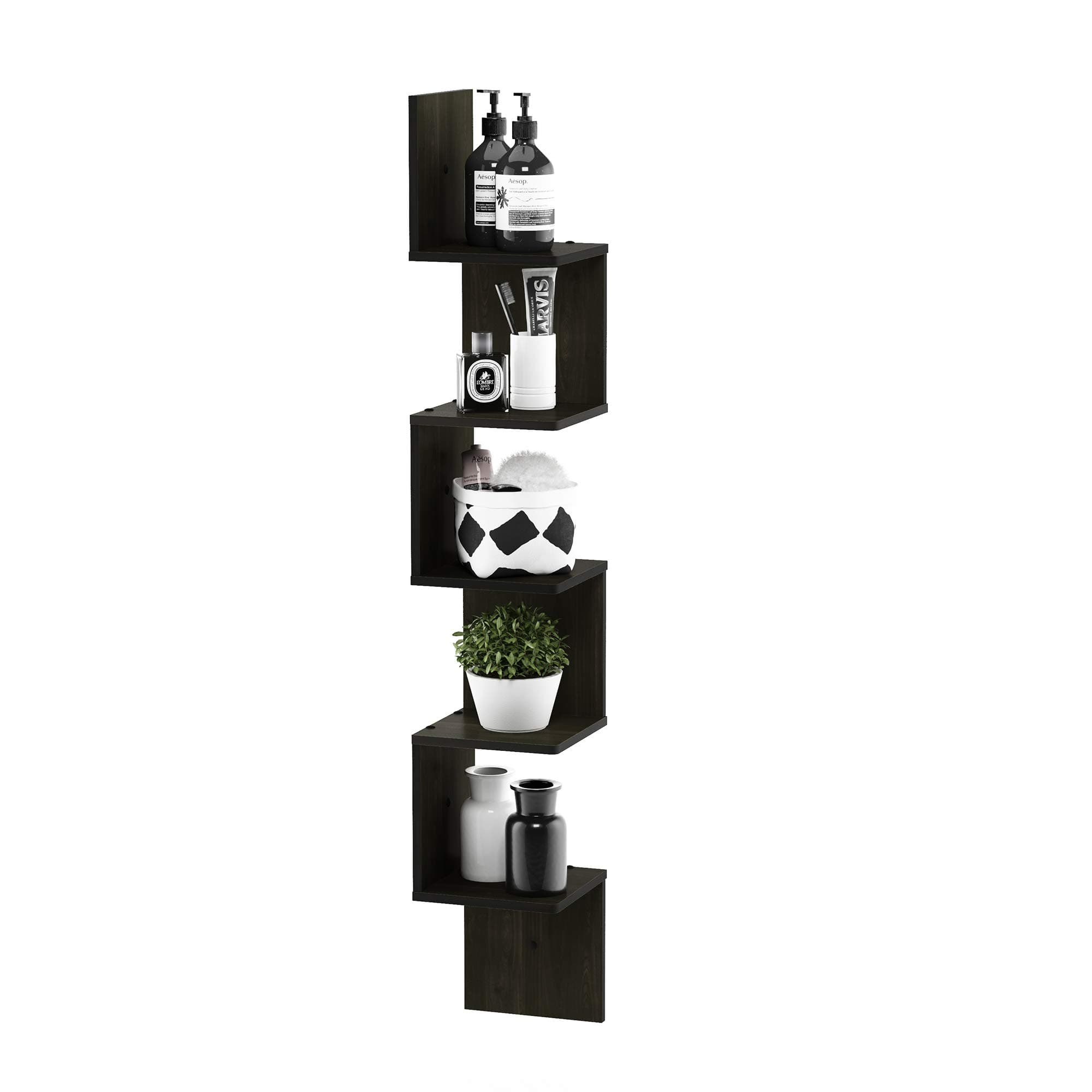 Furinno Rossi Wall Mount Floating Corner Shelf, 5-Tier Square , Espresso