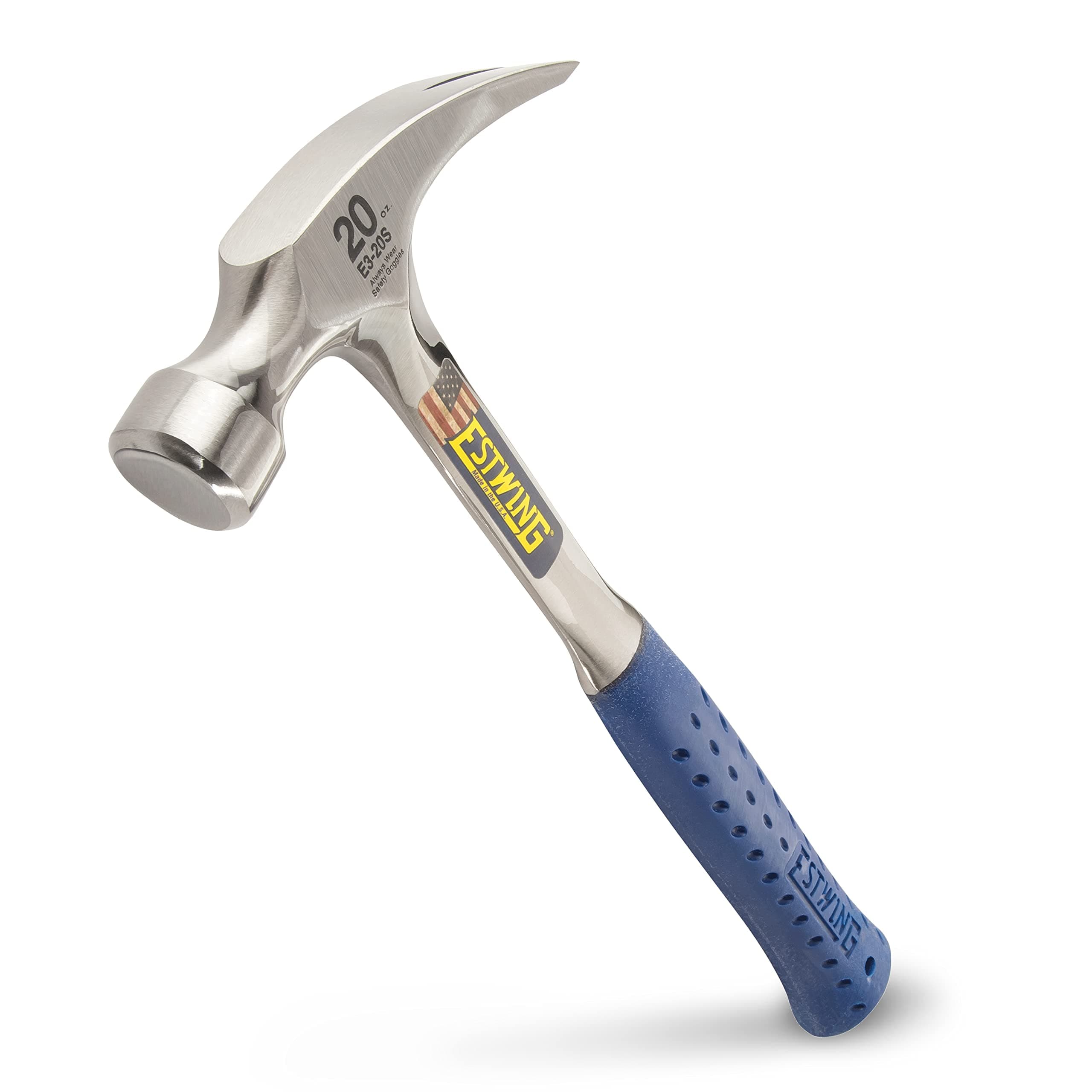 Hammer - 20 oz USA Made Straight Rip Claw Hammer with Smooth Face & Shock Reduction Grip - E3-20S