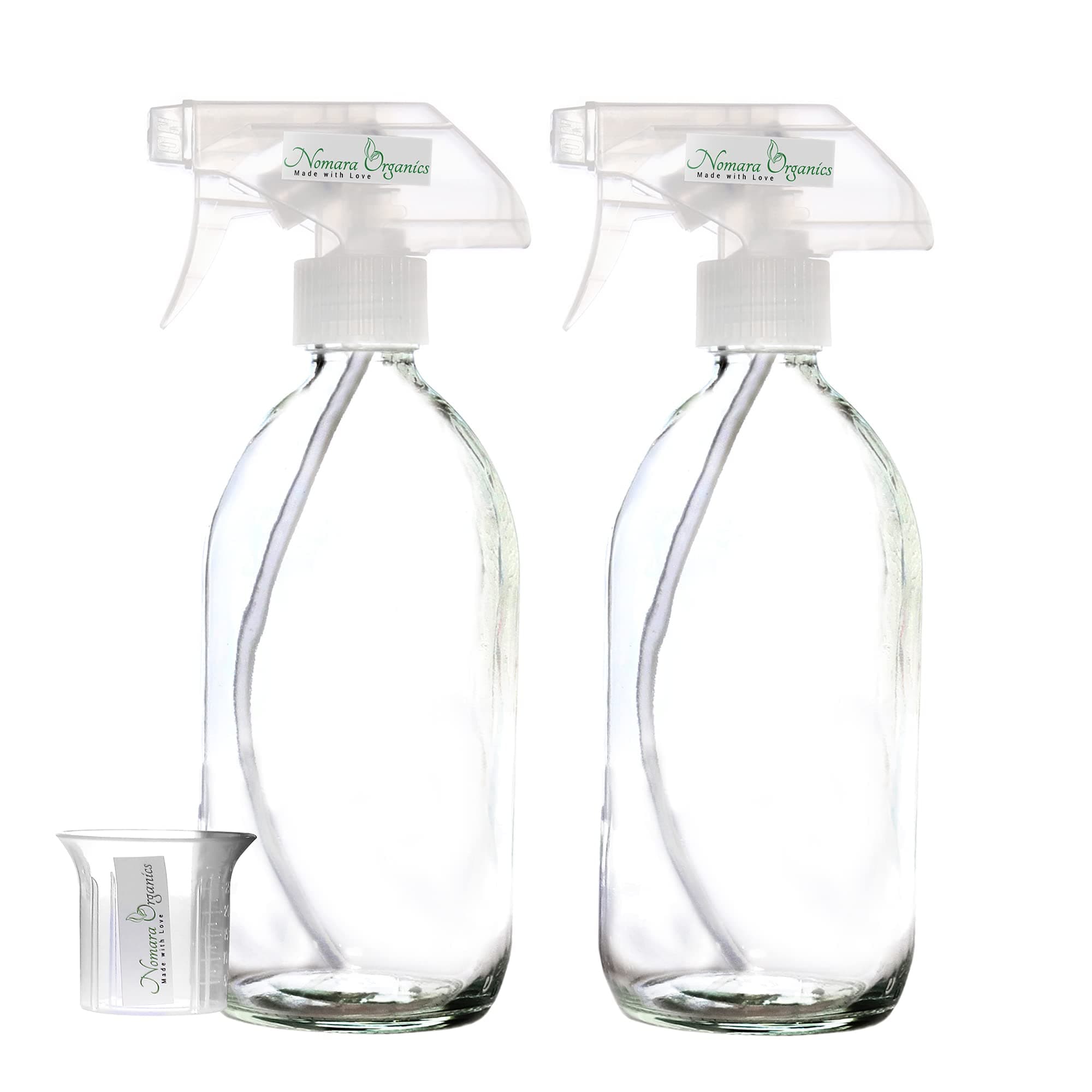 Nomara Organics Clear Glass Spray Bottles with Fine Mist Trigger Pumps, 2 Pack, 500mL. Refillable & Reusable Misting Sprayers for Cleaning Solutions, Oil and Vinegar in Kitchen or Bathroom.