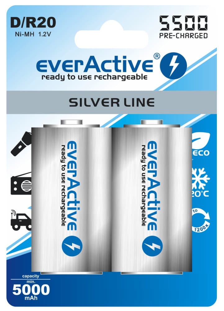 4x EverActive Silverline Mono Min. 5000 mAh Battery D Mono LR20 MN1300 NiMH Cells