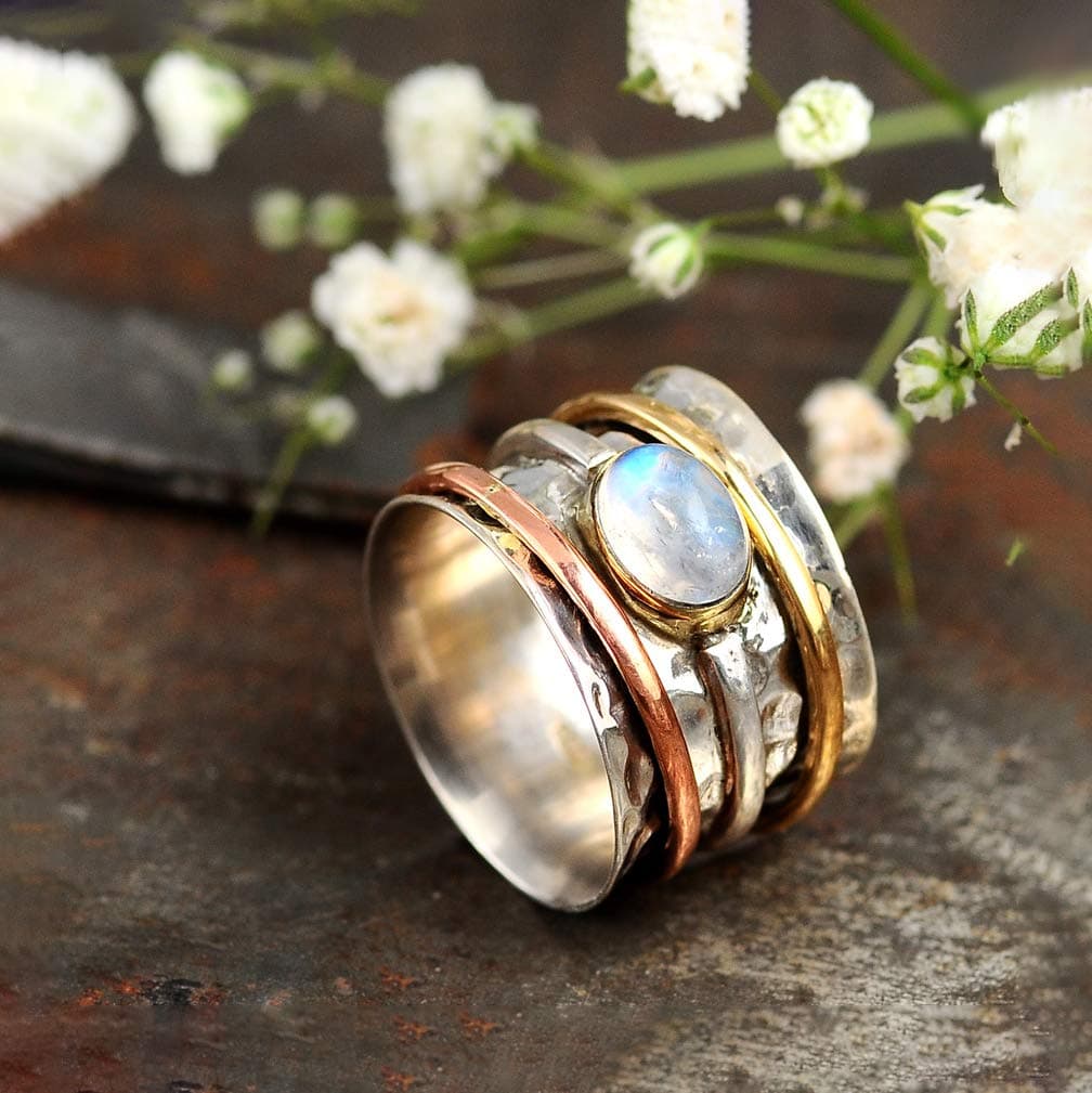 Boho-Magic 925 Sterling Silver Spinner Moonstone Ring for Women with Copper and Brass Fidget Rings Bands