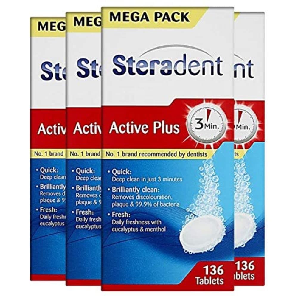 Steradent Active Plus Denture Cleaner, 544 Tablets, Plaque Remover For White Teeth, Mint Fresh, Kills 99.9% Bacteria, Care Cleansers, 136 Count, Pack Of 4
