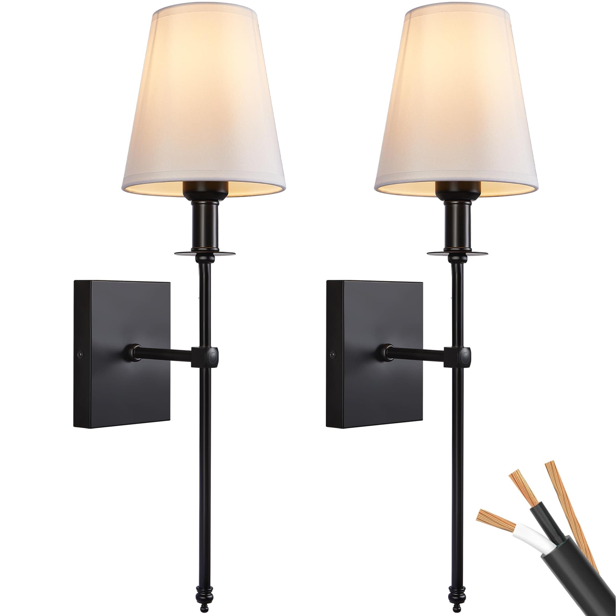 PASSICA DECOR Hardwired Wall Sconces Set of Two 2 Pack Black with Vertical Rod and White Fabric Flared Shade,Versatile Used in Bathroom Stairway Fireplace Living Room Bedroom Farmhouse Nightstands