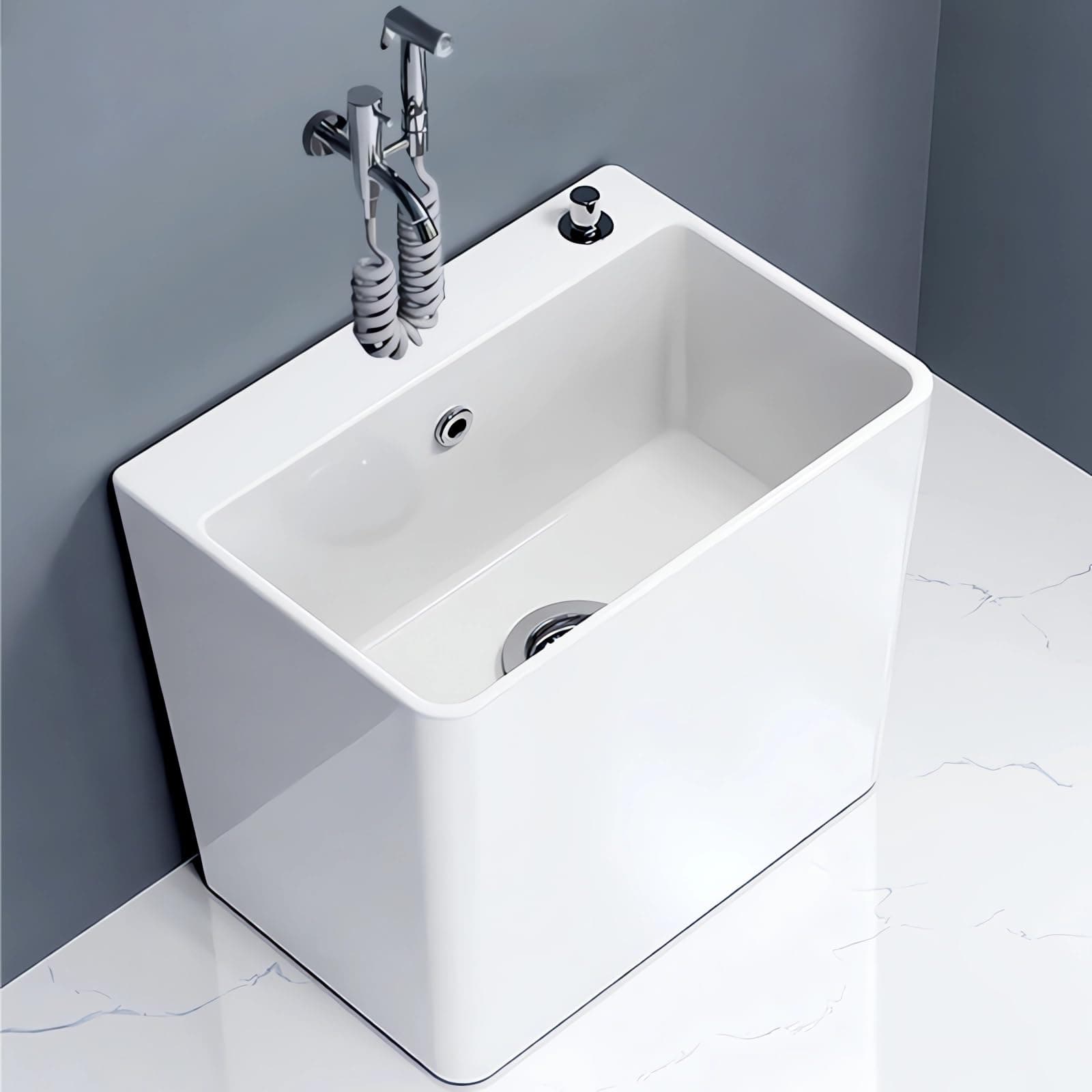 Mop Sink, Ceramic Mop Service Basin with Removable Shelf,Drain Botton and Faucet, Floor Utility Sink Tub Kit for Bathroom,Balcony,Laundry Room