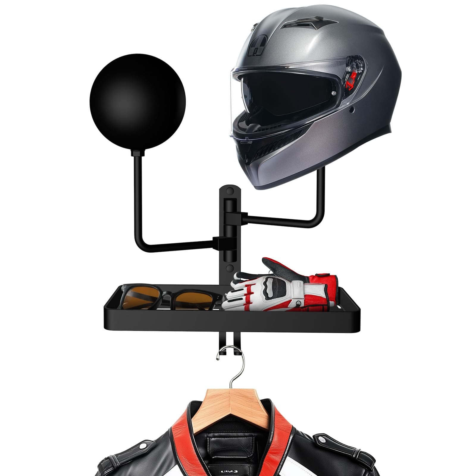 Motorcycle Helmet Holder Wall Mount, Rustic Helmet Rack with 2 Ball Hangers and Storage Space for Motorcycle Gear Accessories, The Double Hooks for Key/Jacket Hanging