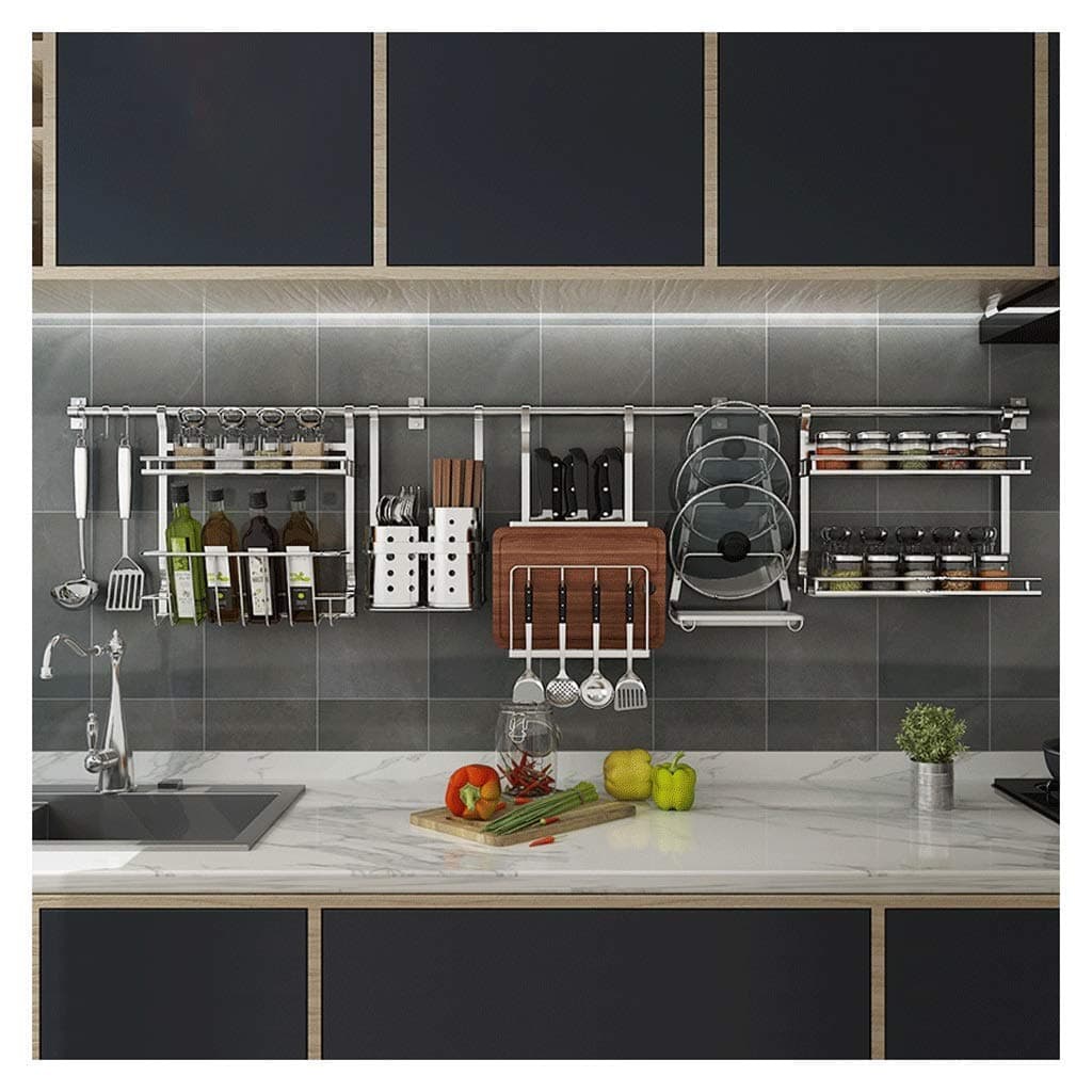 MYPNB Kitchen shelf Kitchen Shelves Wall Mounted Wall Spice Rack Organiser Stainless Steel with Adjustable Hooks for Herbs & Spices Jars, Bottle (Size : 190cm) (Size : 200cm)