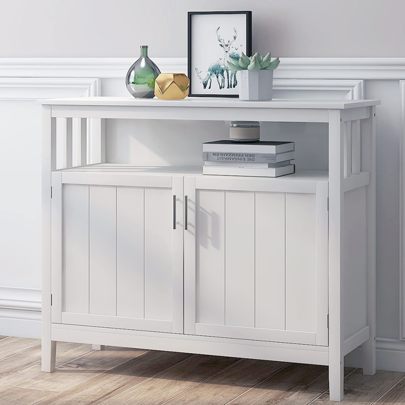 RASOO Buffet Cabinet White Kitchen Sideboard Buffet Storage Server Cupboard Cabinet Console Table with 2 Doors and Adjustable Shelf