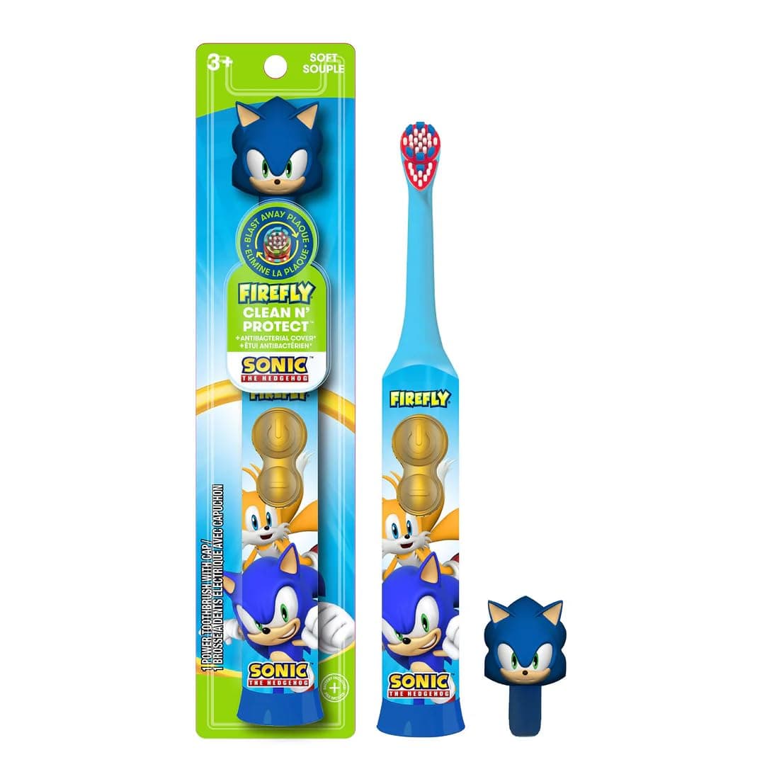 FIREFLY Clean N' Protect, Sonic The Hedgehog Toothbrush with 3D hygienic Cover, Premium Soft Bristles, Anti-Slip Grip Handle, Battery Included, Ages 3+, 3 Piece Set (Pack of 1)