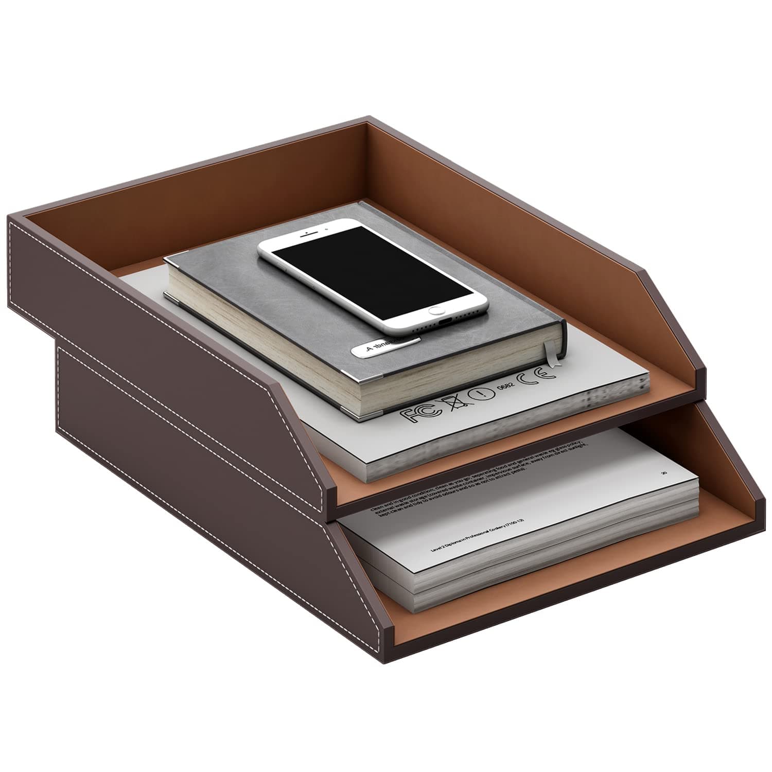 Thipoten Leather Letter Tray, Stackable Desk Organizer Holder for Office Supplies, Paper, File, Magazine, Perfect Office Organization for Desktop (Brown-2Tiers)