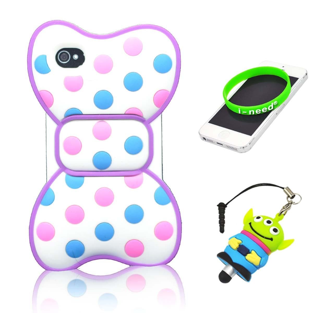 I Need Hello Kitty Cute 3d Bowknot Full Colors Option Soft Skin Case Cover for iphone 4 + 3D Stylus Pen Cat (Blue&Pink Dot Purple Frame) blue&pink dot purple frame