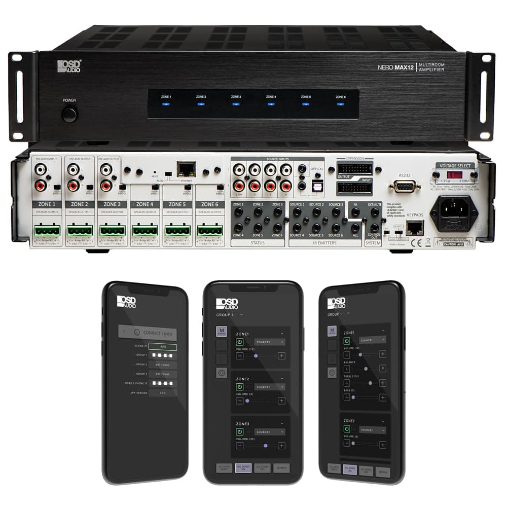 OSD Audio Nero Max12: 6-Zone, 6-Source Amplifier 80W Power, Multi-Room Control, App Integration for iOS & Android, Expand up to 18 Zones, Control4 Driver Support