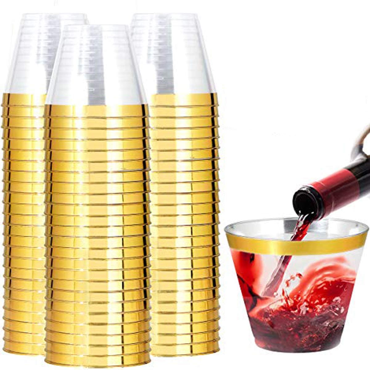 - I00000 200 Pack Gold Plastic Cups, 9 Oz Elegant Clear Plastic Cups Gold Rimmed Disposable Wine Glasses Fancy Disposable Party Cup Wedding Cup Drinking Tumblers Cocktail Glasses Perfect for Party