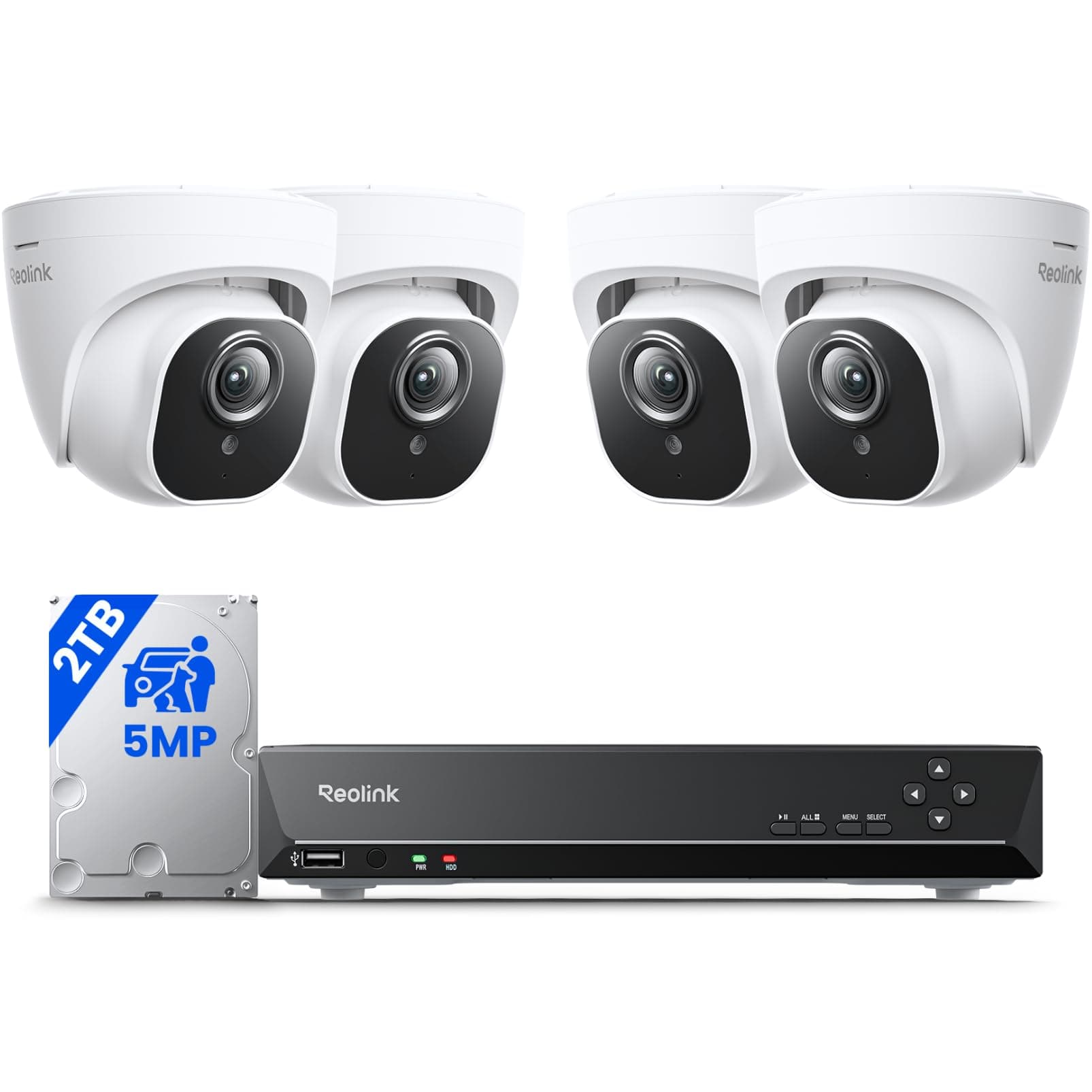 REOLINK Smart 5MP 8CH Home Security Camera System, 4pcs Wired PoE IP Cameras Outdoor with Person/Pet/Vehicle Detection, 4K 8CH NVR with 2TB HDD for 24-7 Recording, RLK8-520D4-5MP