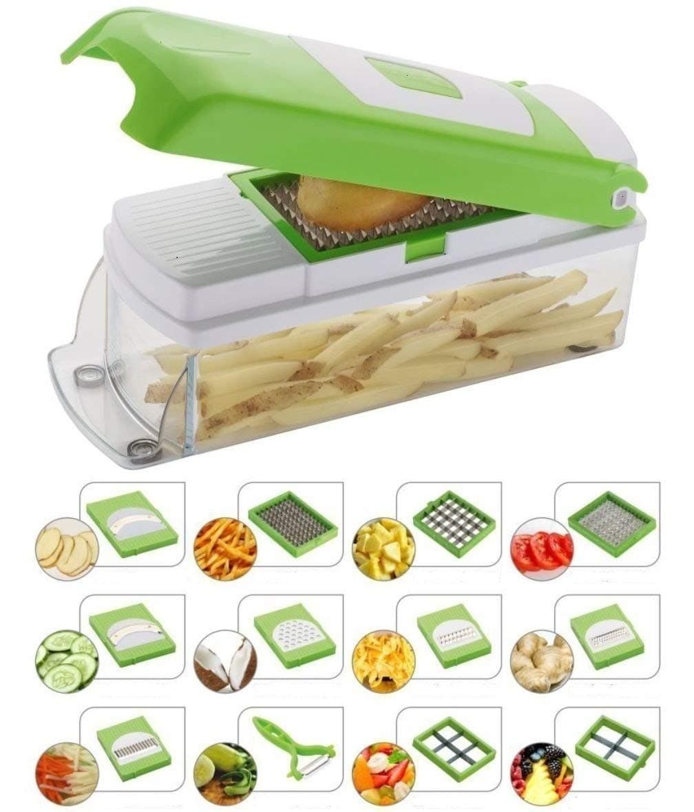 NOVEL Plastic Vegetable and Fruit Chipser With 11 Blades and 1 Peeler, Green
