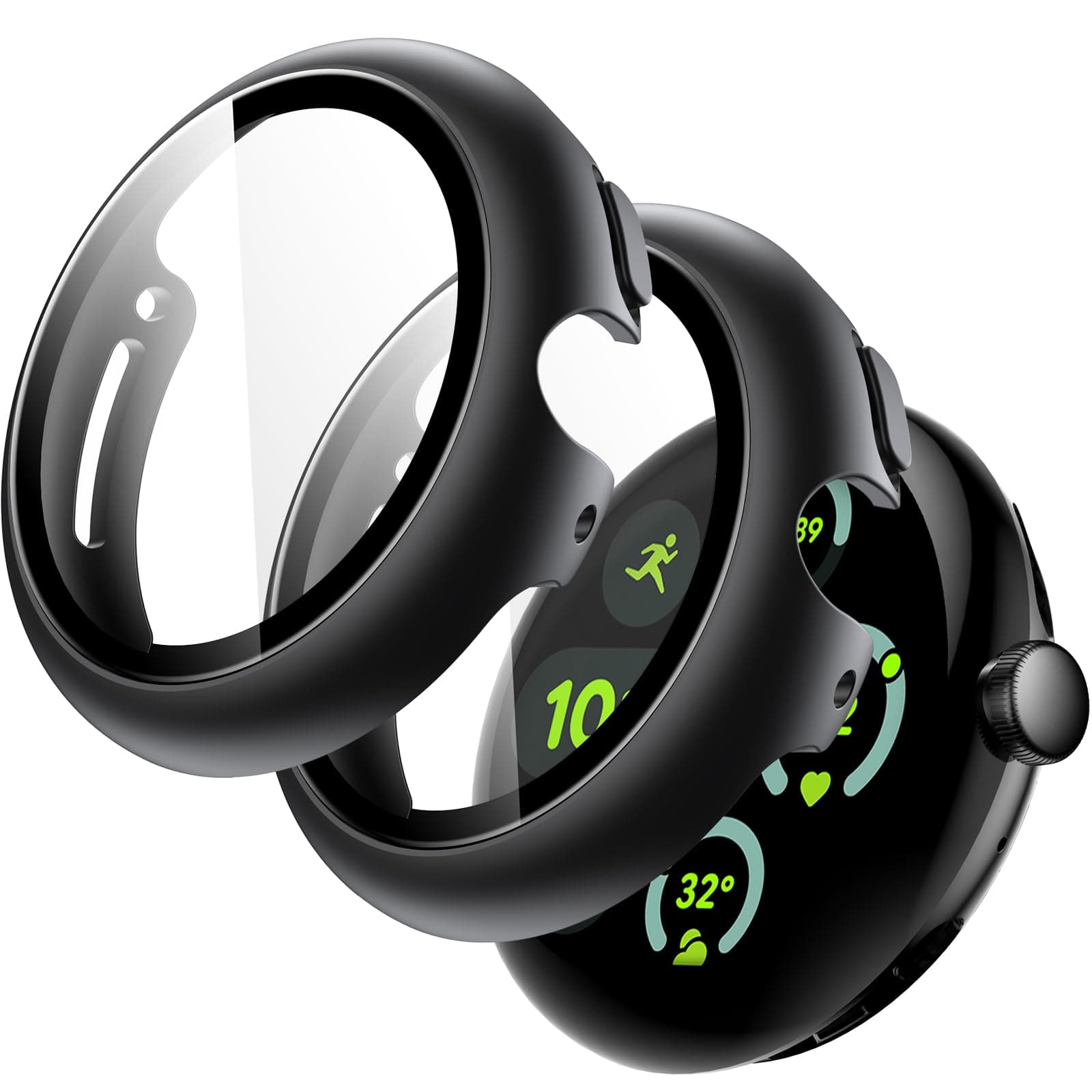 Case with Screen Protector for Google Pixel Watch 3/2/1 41mm, Built-in 9H Tempered Glass Film Hard PC Bumper Full Coverage Protective Cover, 2-Pack (Black/Black)