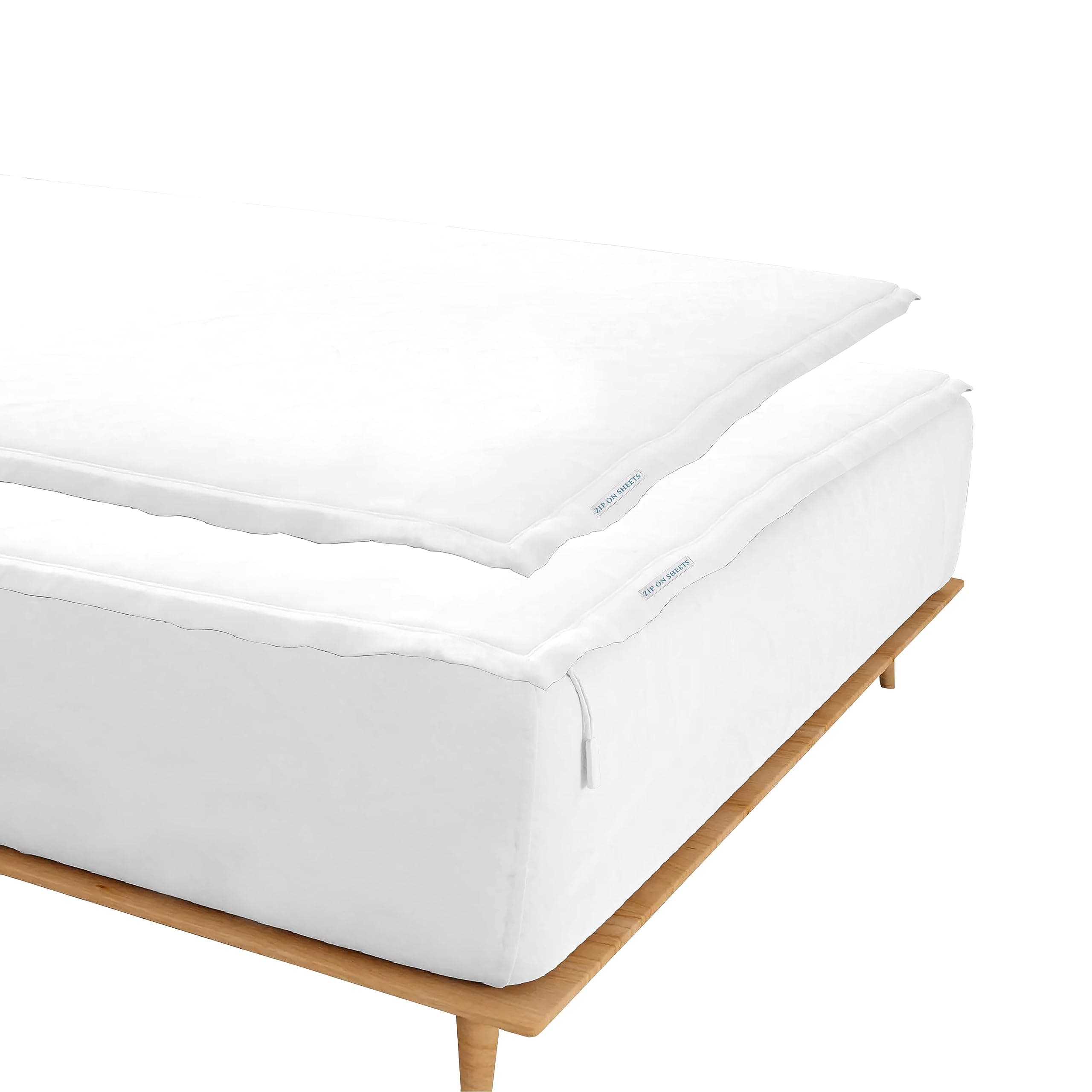 Zip On Sheets™ Zipper Fitted Sheet Full XL Size - Upto 16” Inch Deep Pockets - Includes 1 Fitted Sheet Base & 2 Zip-On Sheets - Easy to Use, Sateen Cotton 500 TC Fitted Sheet - White