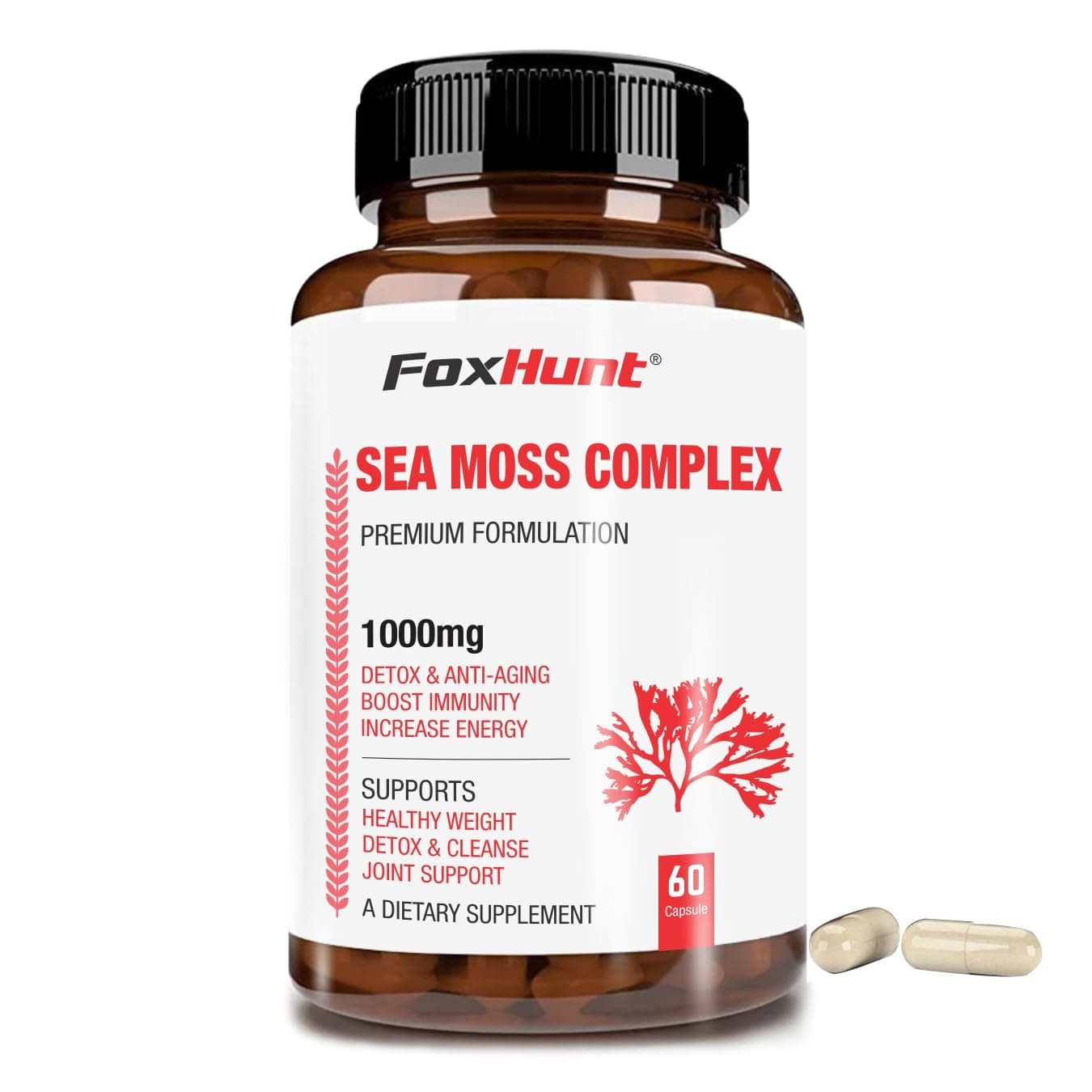Fox Hunt Irish Sea Moss Complex- 1000MG (60 Capsules Each Pack) Burdock Root Bladderwrack Capsules - Digestive Health & Boosts Immune System - Thyroid, Healthy Skin, Joint Support