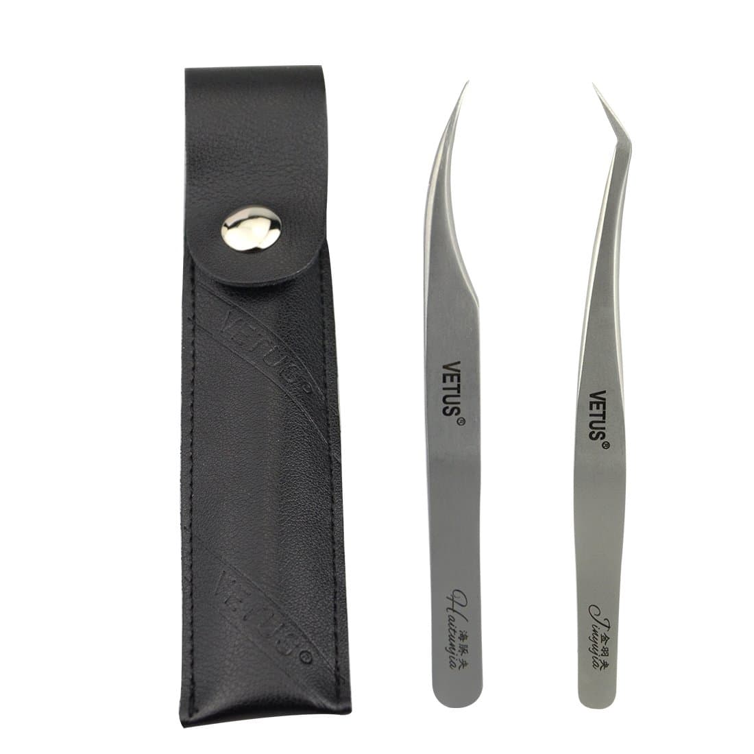 2 Pcs Precision Tweezers Set with Black Leather Case Stainless Steel- Anti Static Tweezers for Beautilfl Eyelash Extensions