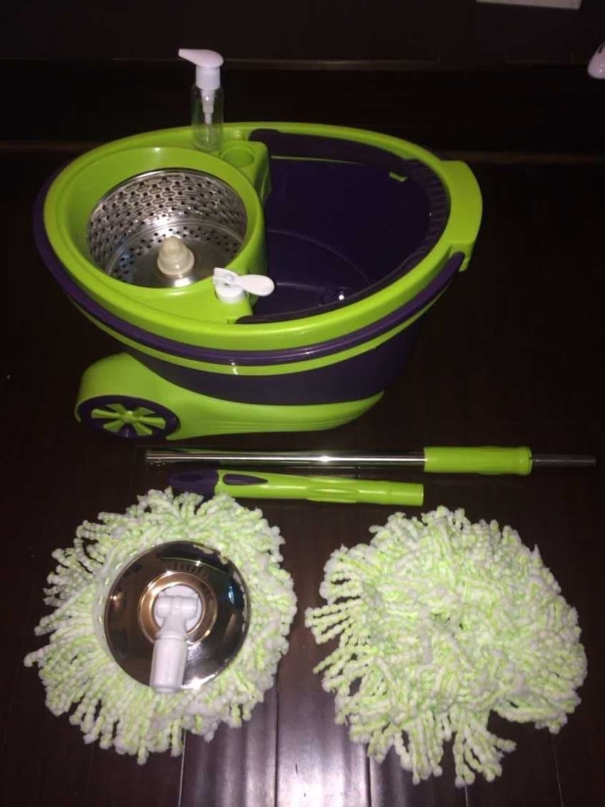 Stainless Steel Automatic Deluxe Spin Mop and Bucket System with Two Wheels Dual Function for Drying and Spin Washing 1 Thick Pole 2 Microfiber Mop Heads