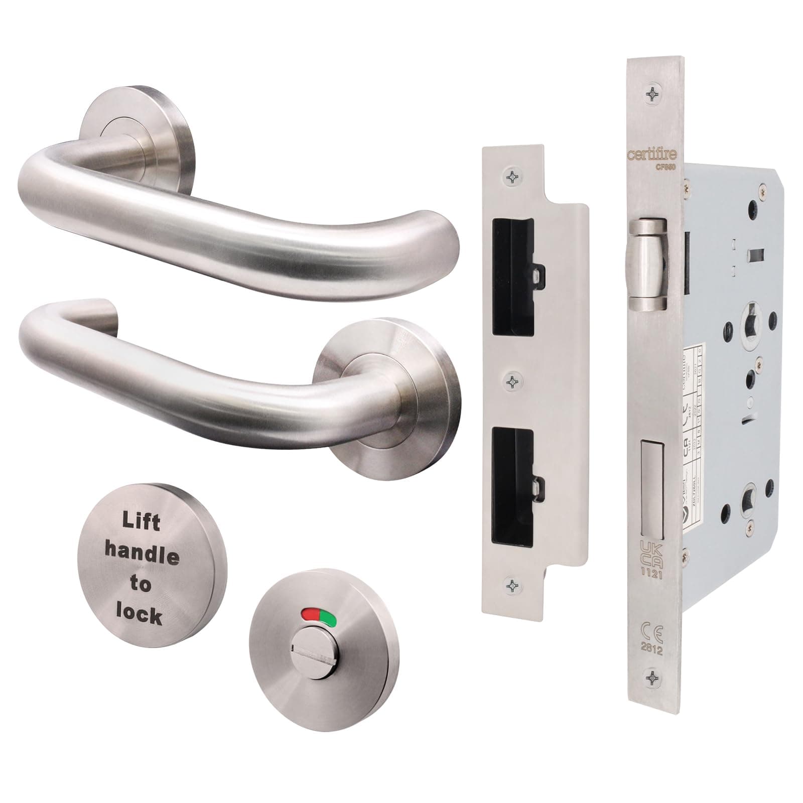 EAI Lift to Lock Return to Door Lever Handle Set with DIN Lock (72mm C/C - Backset 60mm) for Bathroom/Toilet Cubicle Toilet Doors | Satin Stainless | Suitable on 60 Minute Fire Doors